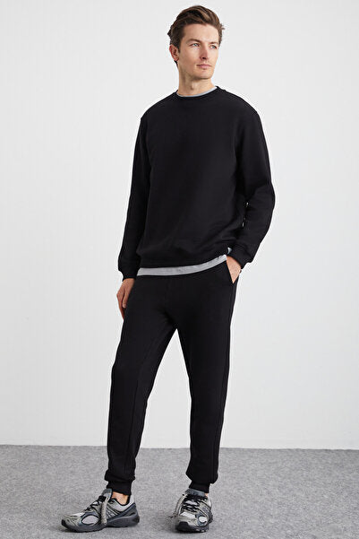 Adens Men's Regular Organic Cotton Premium Fabric Raised Elastic Leg Black Sweatpants