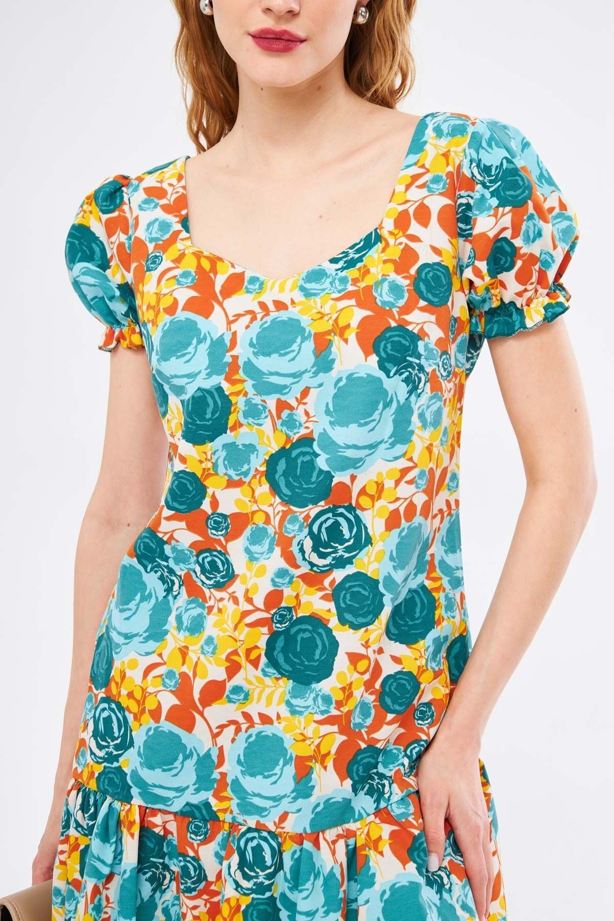 Women's Orange Dekaohto Dress with Elastic Sleeves, Frilly Back, Zippered Skirt, Mini Size ARM-24Y001041