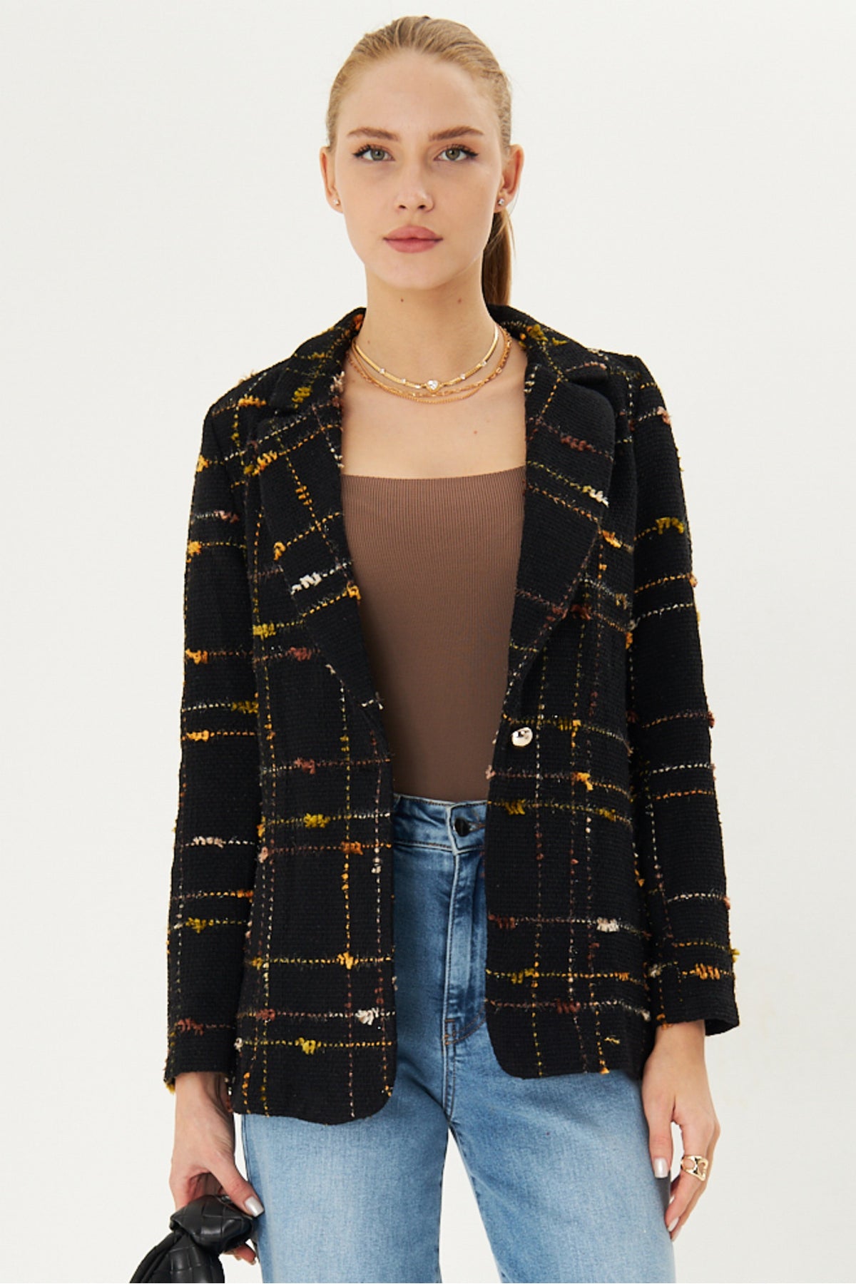 Women's Yellow Tweed Fabric Single Button Jacket ARM-25K001042