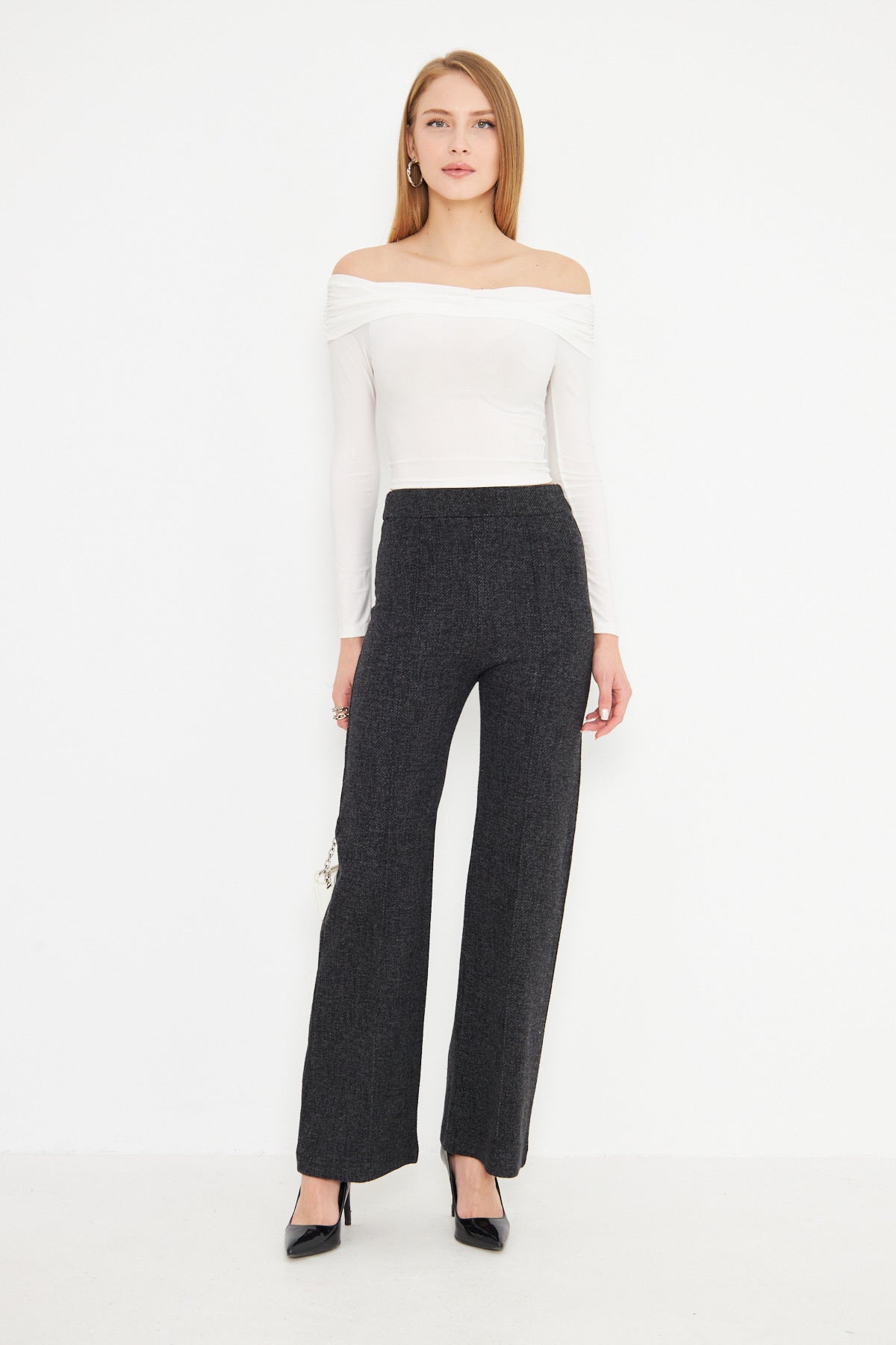 Women's Anthracite Elastic Waist Trousers with Iron Mark Stitching ARM-25K001058