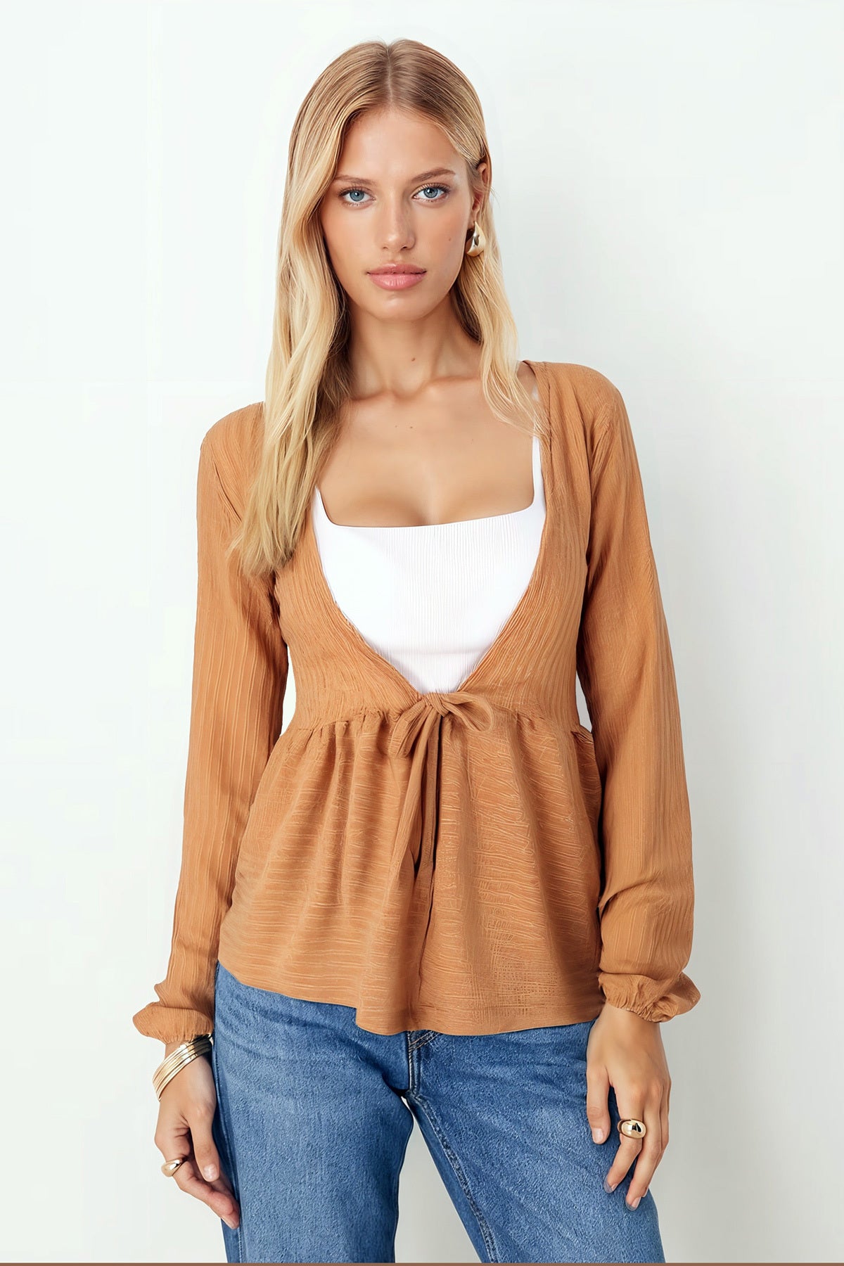 Women's Camel V-Neck Soft Textured Tie-Front Sleeves Elastic Knitwear Cardigan ARM-26K001010