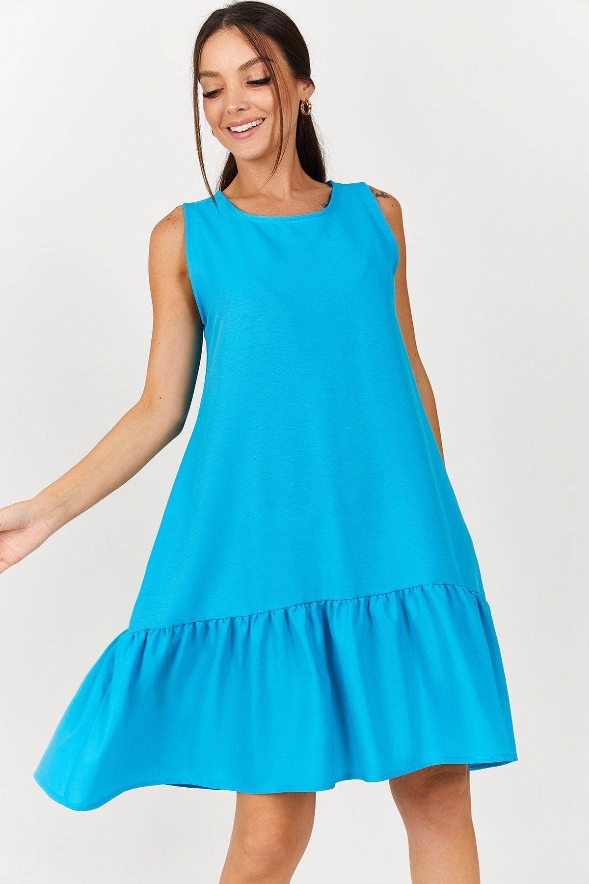 Women's Turquoise Sleeveless Skirt Ruffle Dress ARM-18Y001156