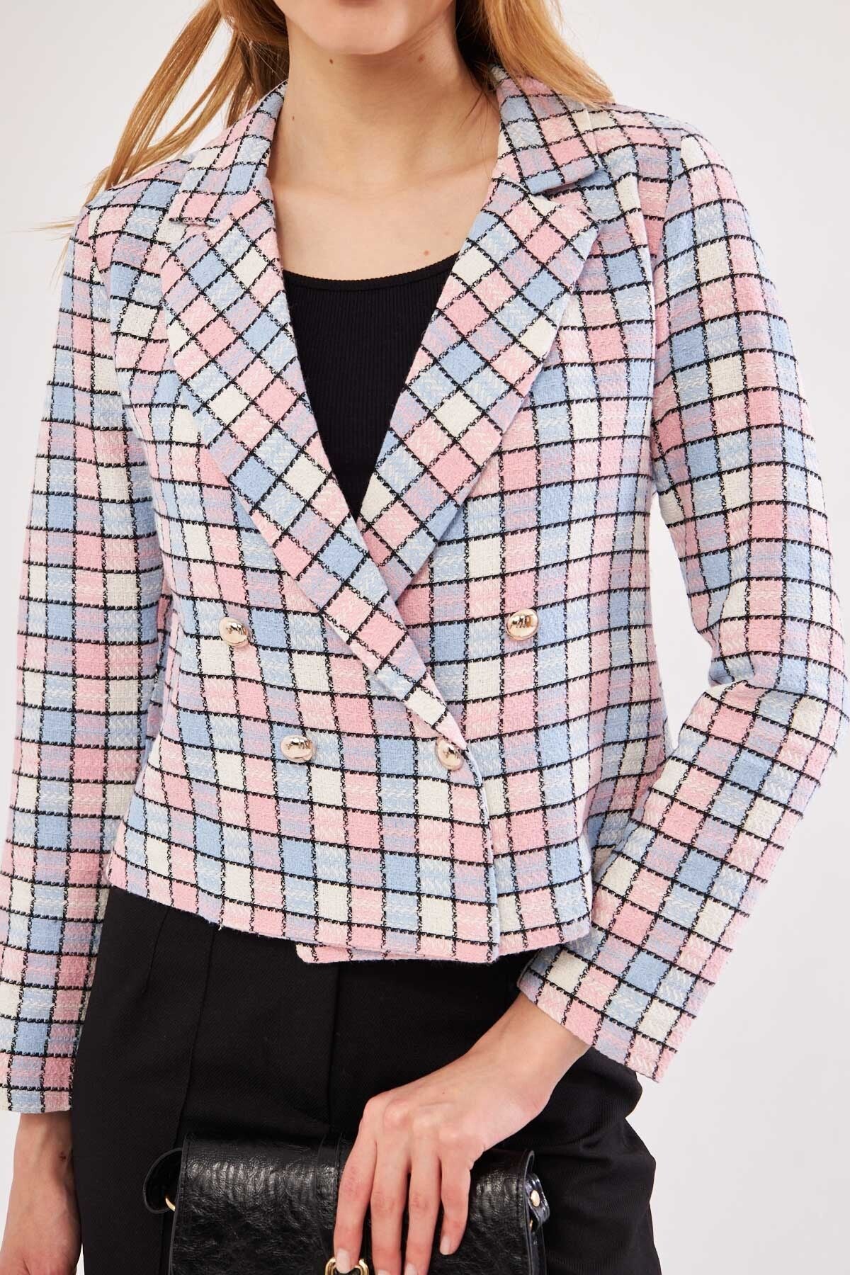 Women's Baby Blue-Powder Double Breasted Collar Tweed Crop Jacket ARM-24K001014