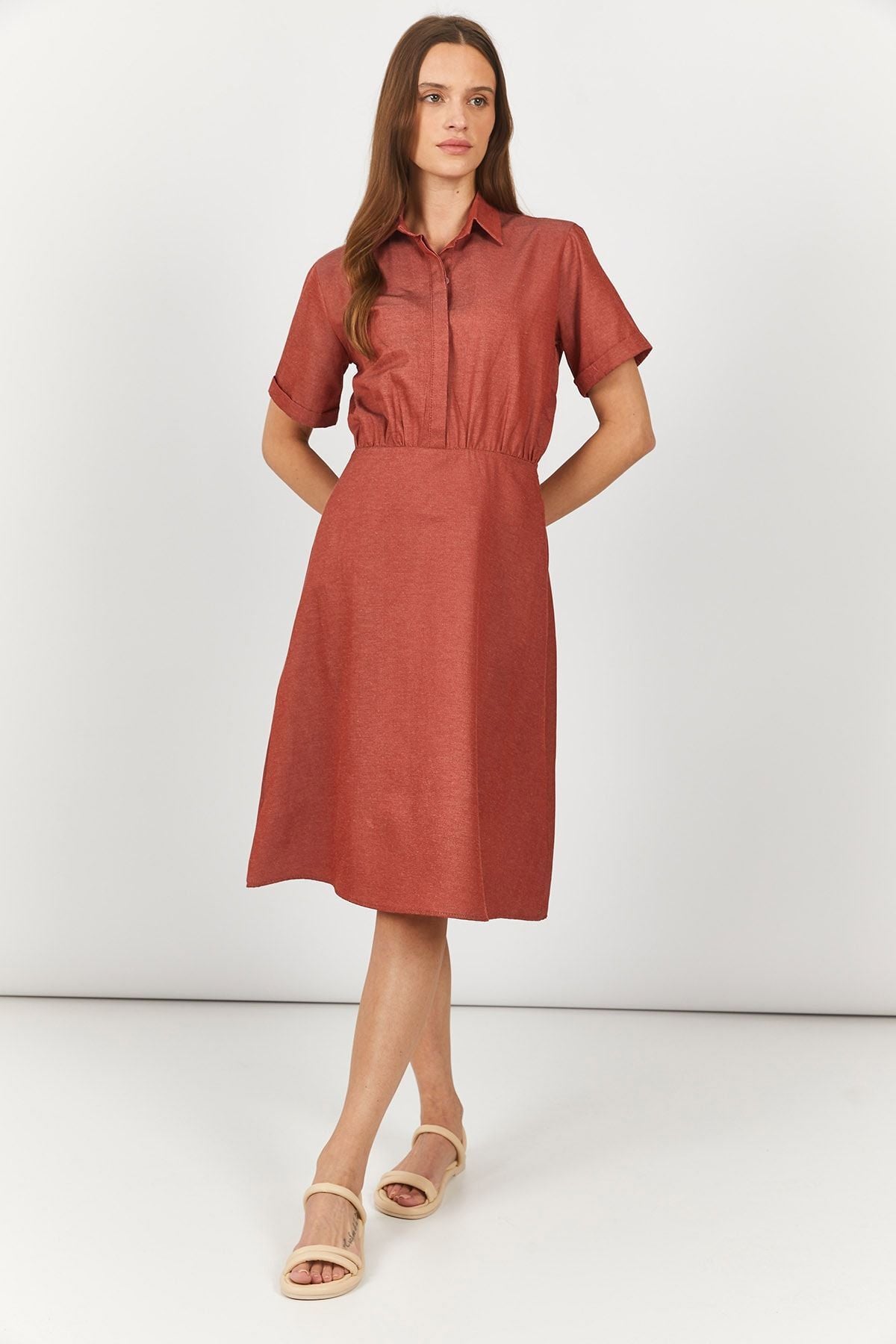 Women's Tile Short Sleeve Elastic Waist Dress Arm-23y001070