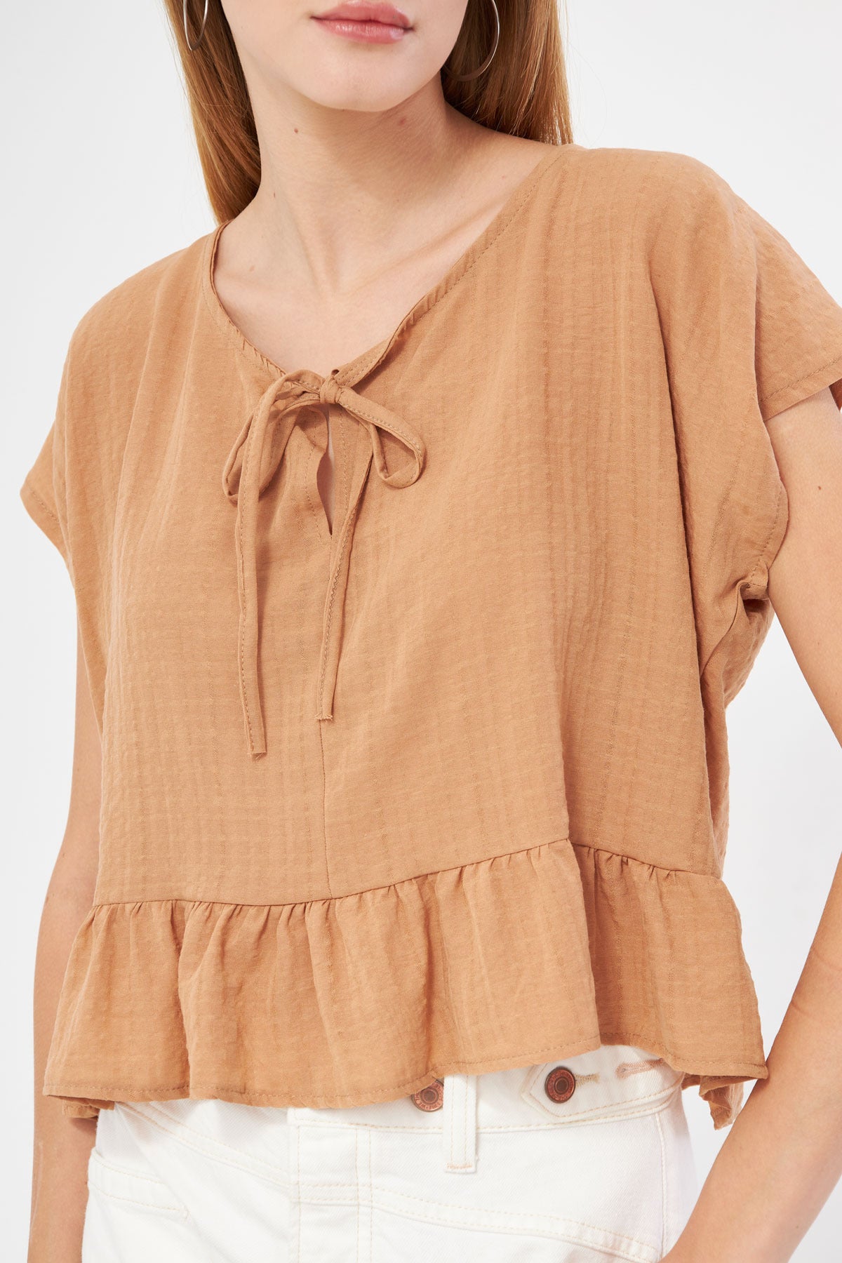 Women's Mink Bat Sleeve Collar Tied Skirt Ruffled Oversize Crop Blouse ARM-24Y001088