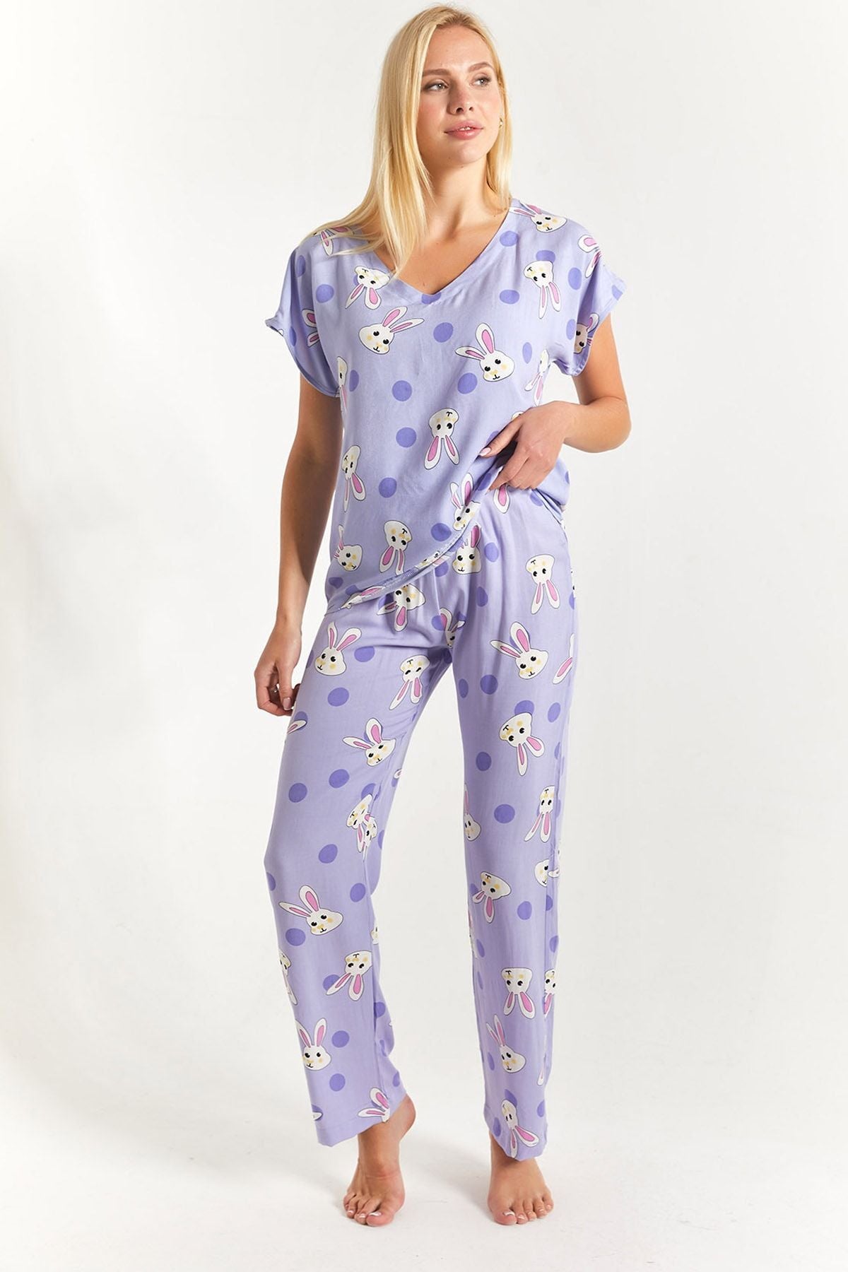 Women's Lilac Rabbit Patterned Bottom-Top Pajama Set Arm-23y001060