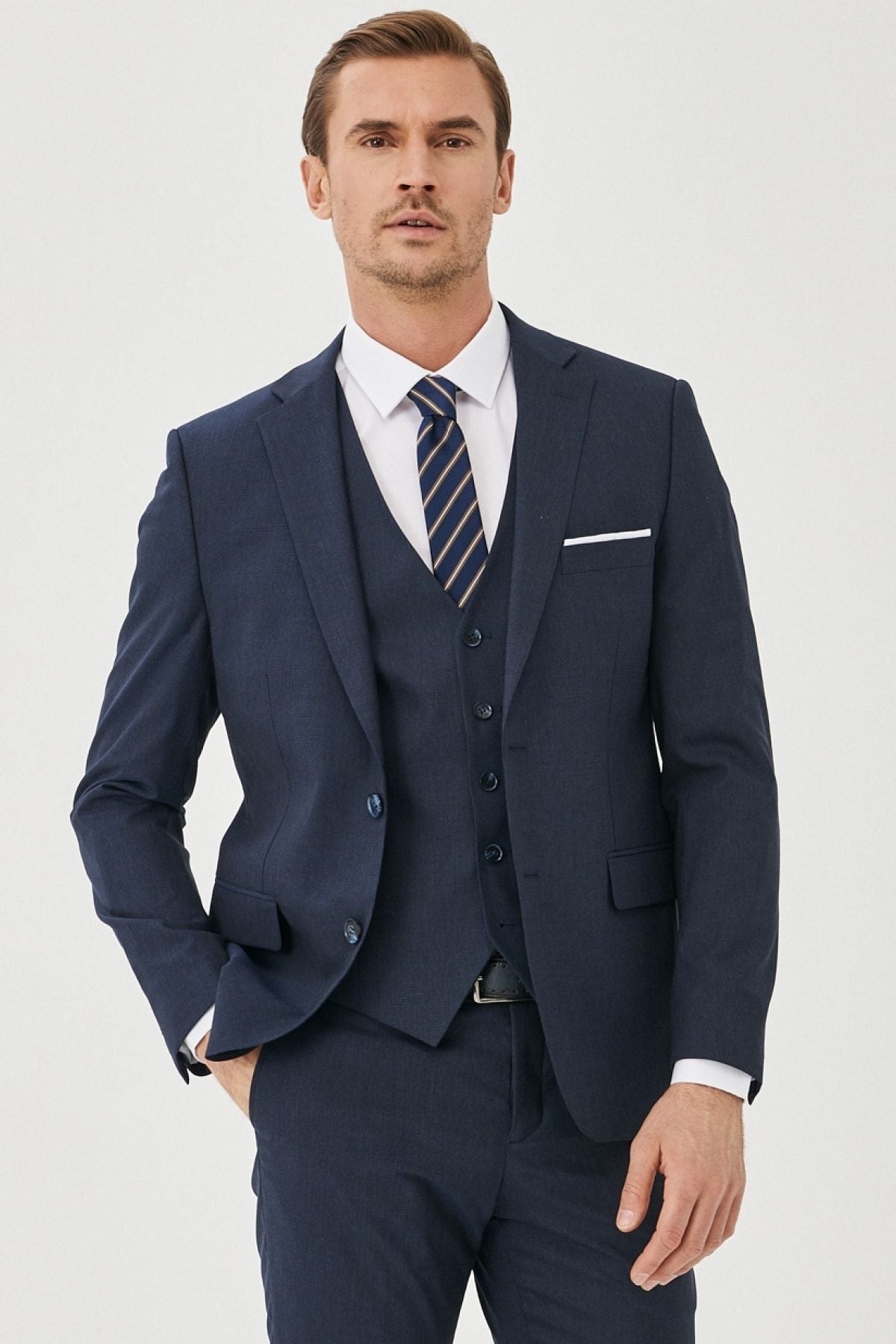 Men's navy blue-blue woolen extra slim fit narrow-cut patterned casual vest suit suits