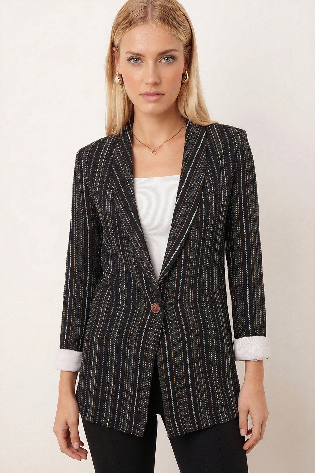 Women's Yellow-White Shawl Collar Sleeves Garnished Single Button Jacket ARM-26K001087