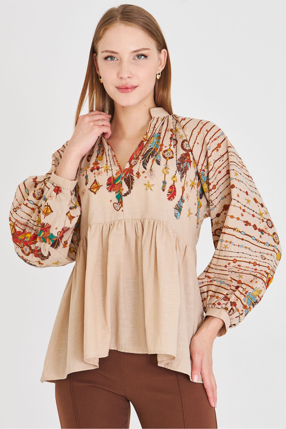 Women's Stone Judge Collar Balloon Sleeve Blouse ARM-25Y001052