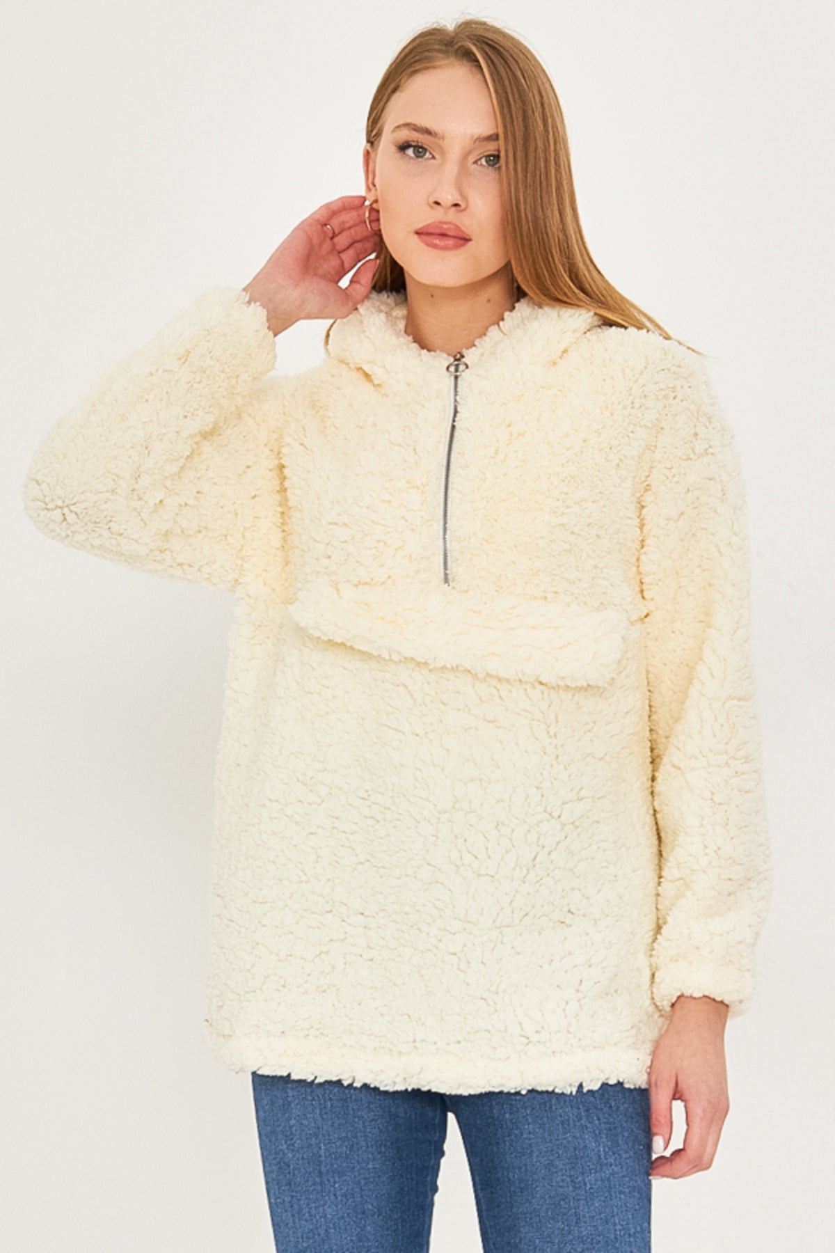 Women's Ecru Hooded Plush Sweatshirt with Pocket Cover ARM-25K001090