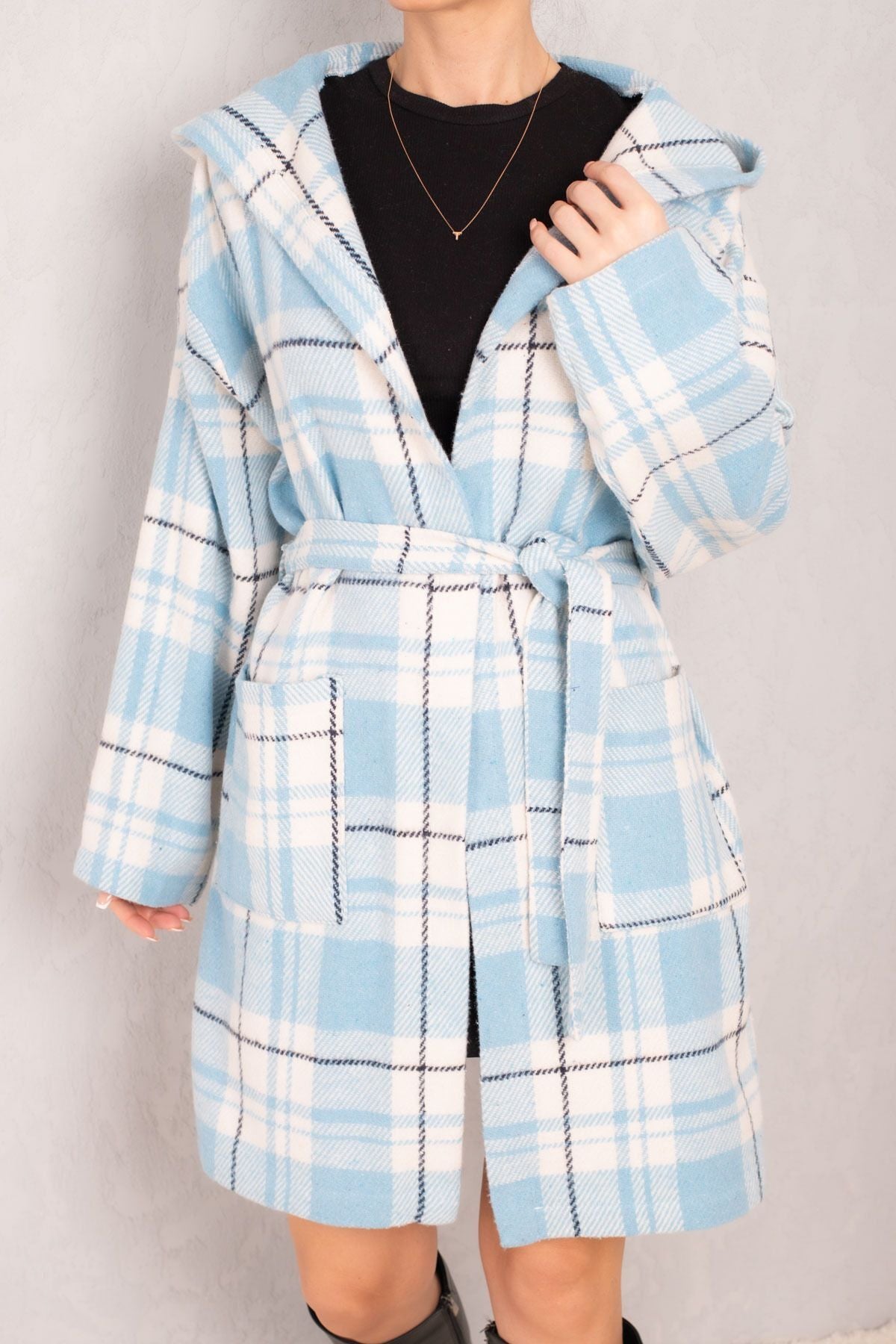 Women's Baby Blue Belted Waist Pocket Hooded Oversize Cashmere Coat ARM-24K001054