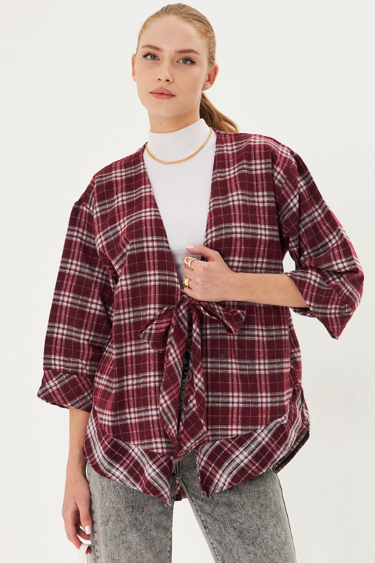 Women's White-Burgundy Front Tie Plaid Kimono Shirt ARM-25K001017