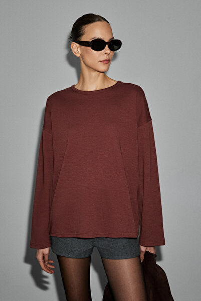 NEAT Women's Organic Cotton Crew Neck Oversize Fit Long Sleeve Brick Color T-Shirt