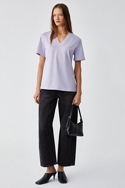 ALINE Women's 100% Organic Cotton Deep V-Neck Comfort Fit Lilac T-Shirt