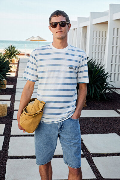 WOODY Men's 100% Cotton Embroidery Detailed Crew Neck Striped Regular Fit White-Blue Striped T-Shirt