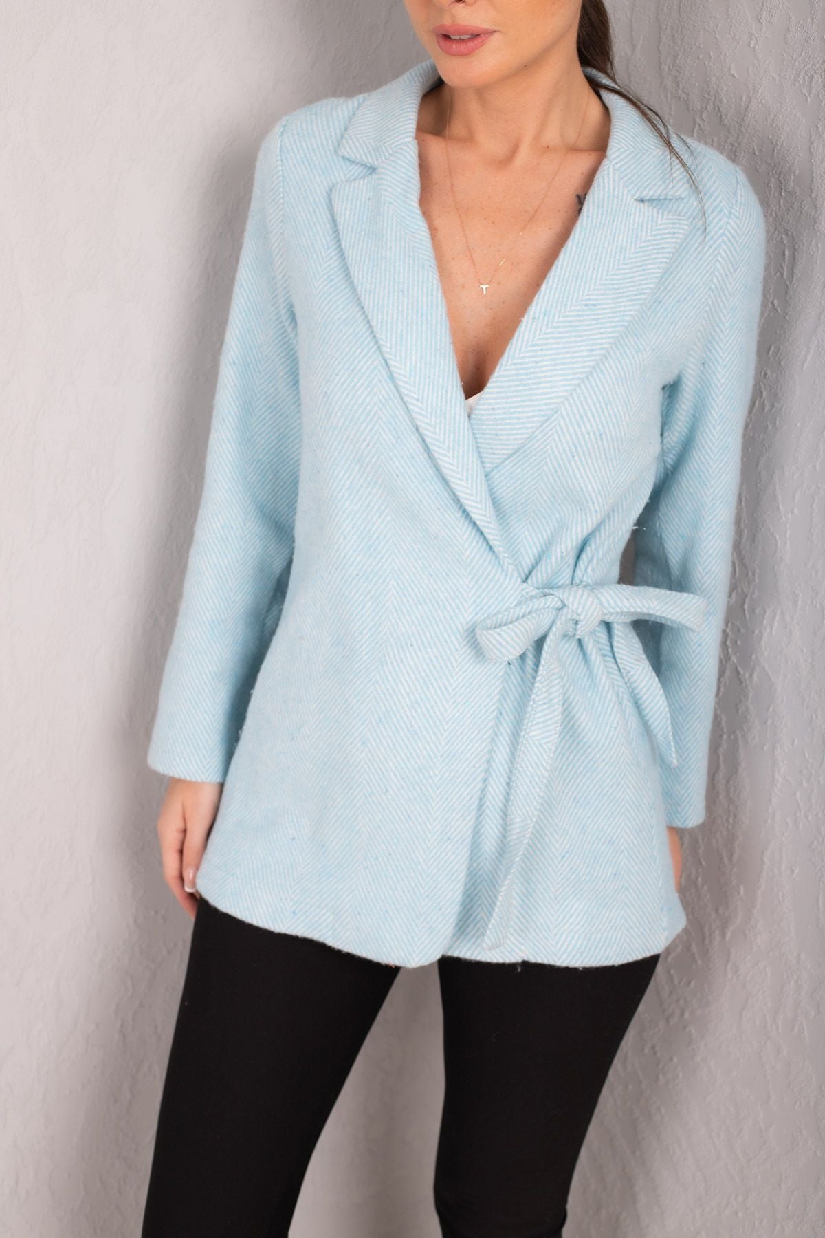 Women's Baby Blue Side Tie Herringbone Patterned Stitch Jacket ARM-24K001009