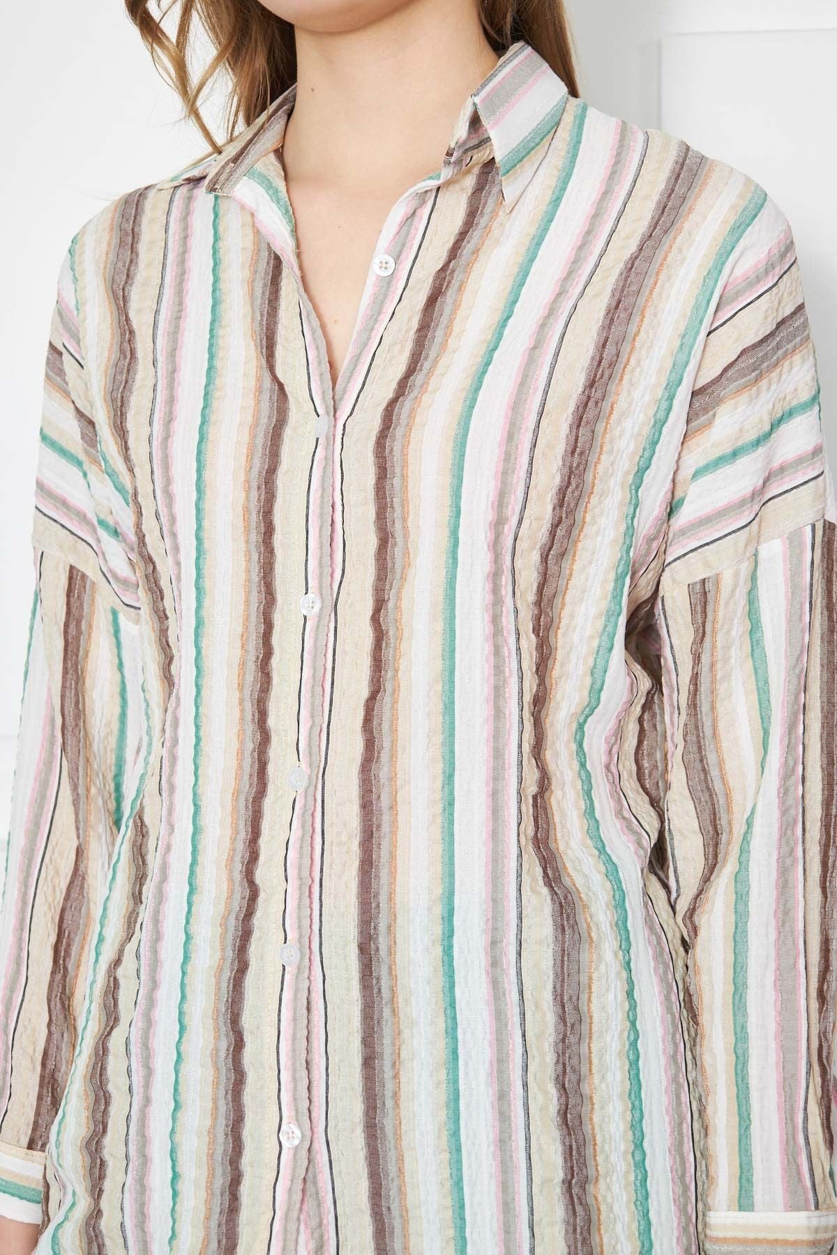Women's Stone Striped Oversize Long Basic Shirt ARM-24K001061