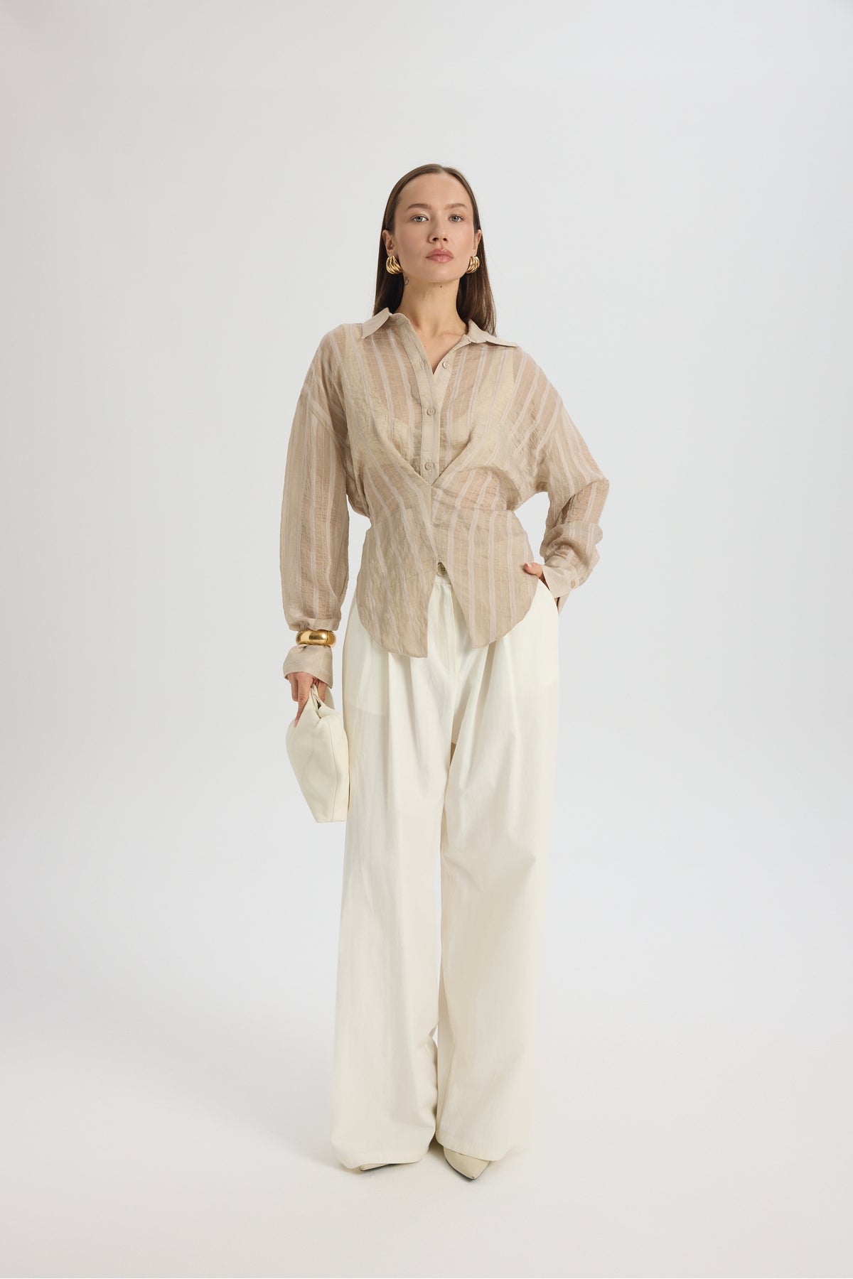 Vesper Triangle Cut Tied Beige Shirt