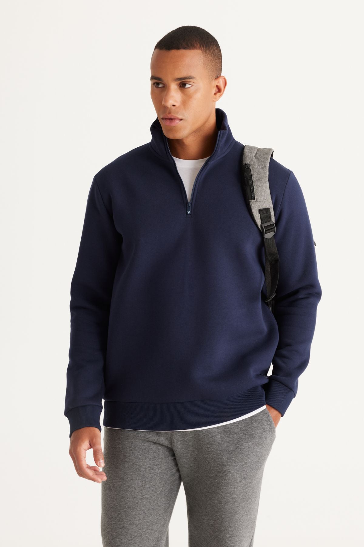 Men's Navy Blue Standard Fit Normal Cutting Içi Polar Plants Bato Yaka Cotton Sweatshirt