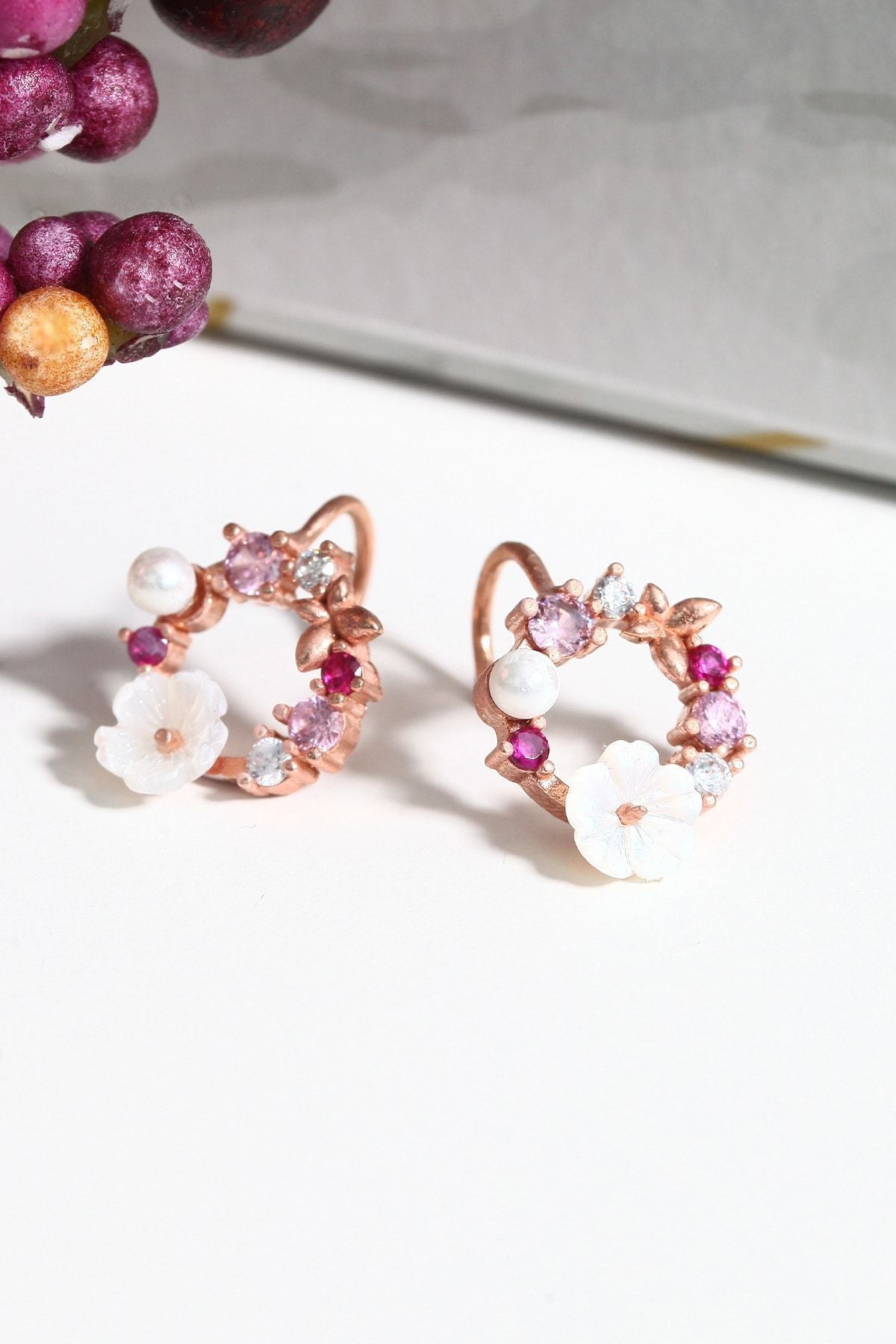 Orchid and colored stone 14 k rose gold -plated woman earrings