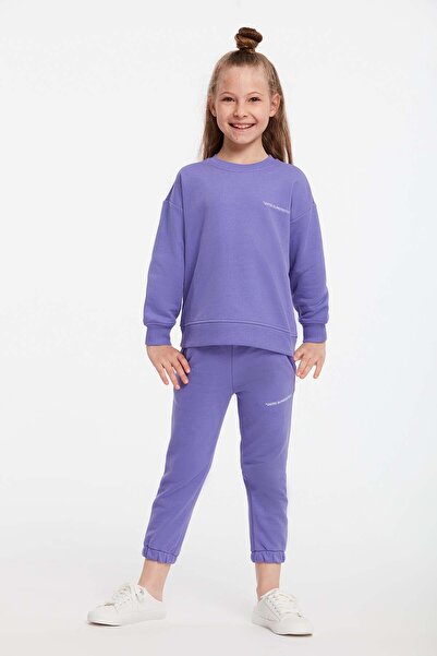 Jabor Girl's Embroidered Crew Neck Comfort Purple Tracksuit Set