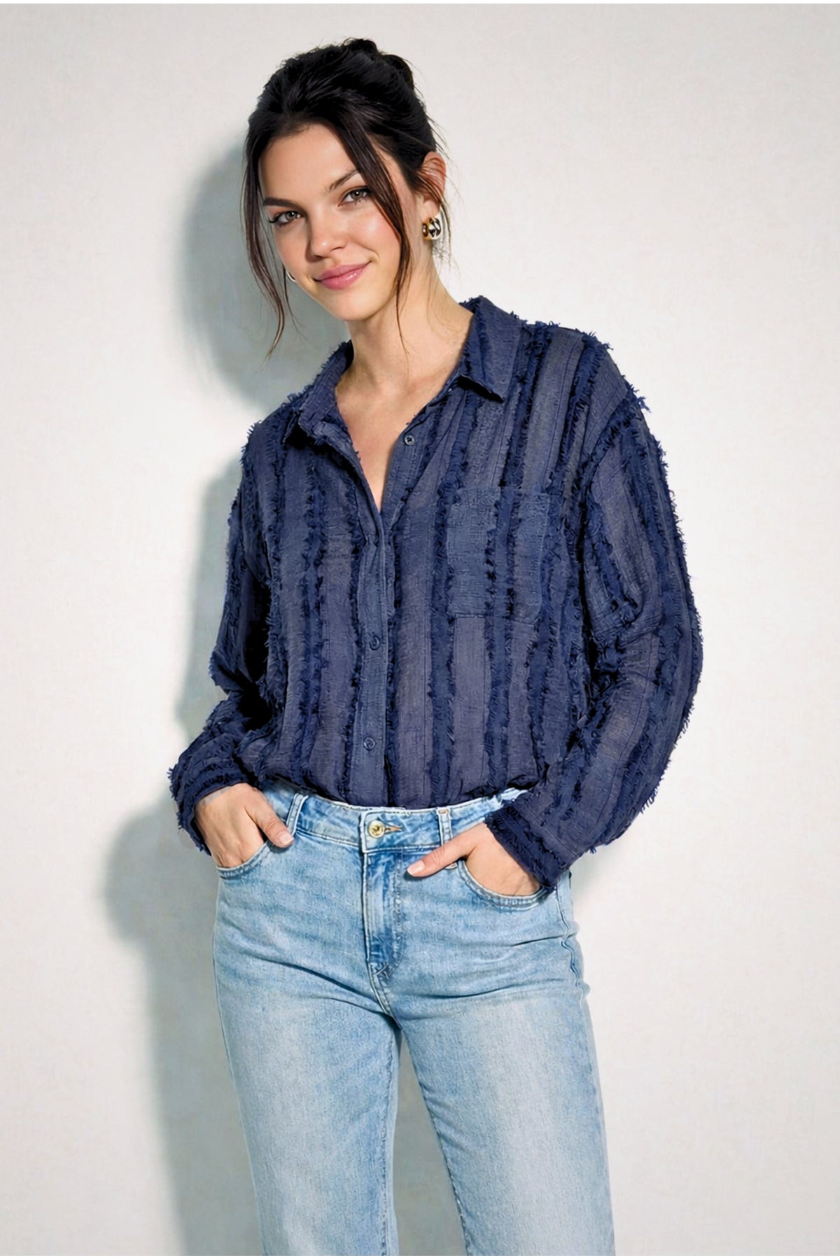Women's Textured Stripe Patterned Tassel Detailed Single Pocket Oversize Shirt 8089 60283935