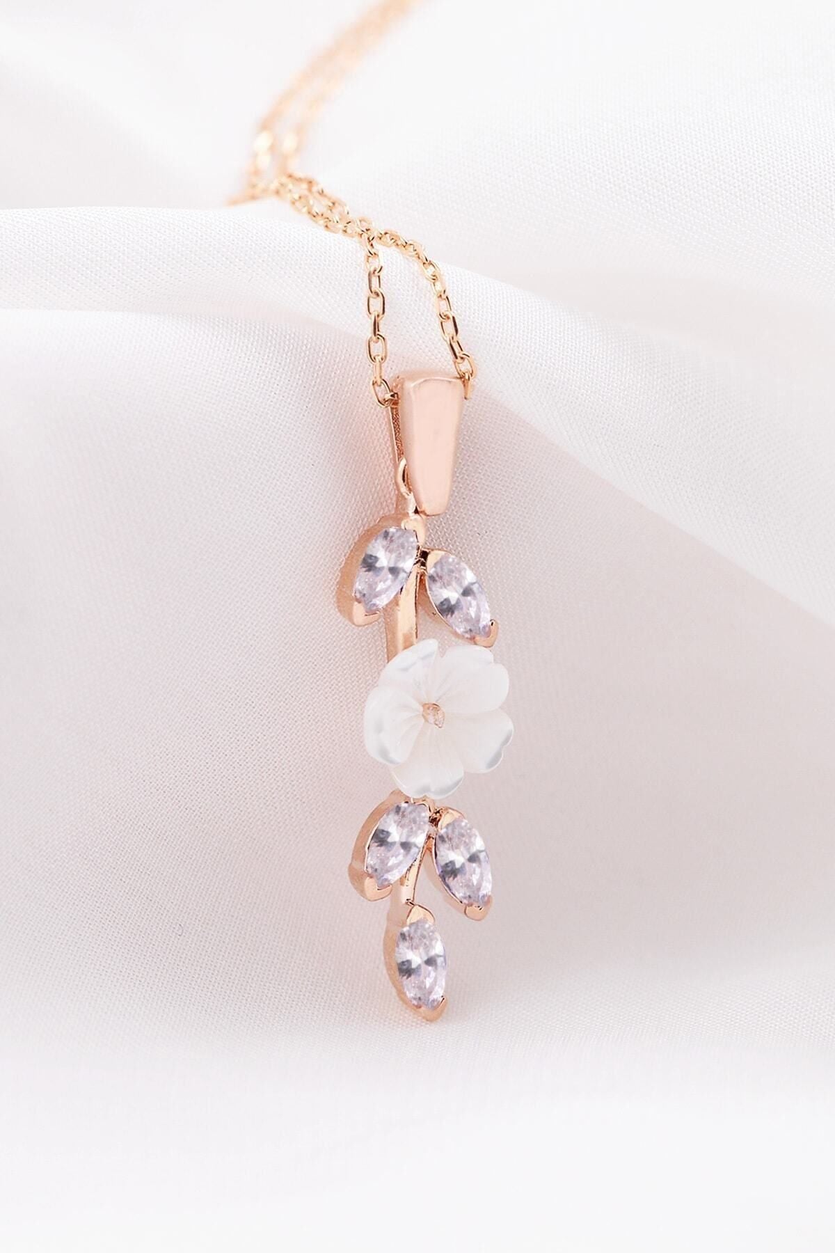 Manolya White Stone Long Model 14 K Rose Gold Plated Women Necklace