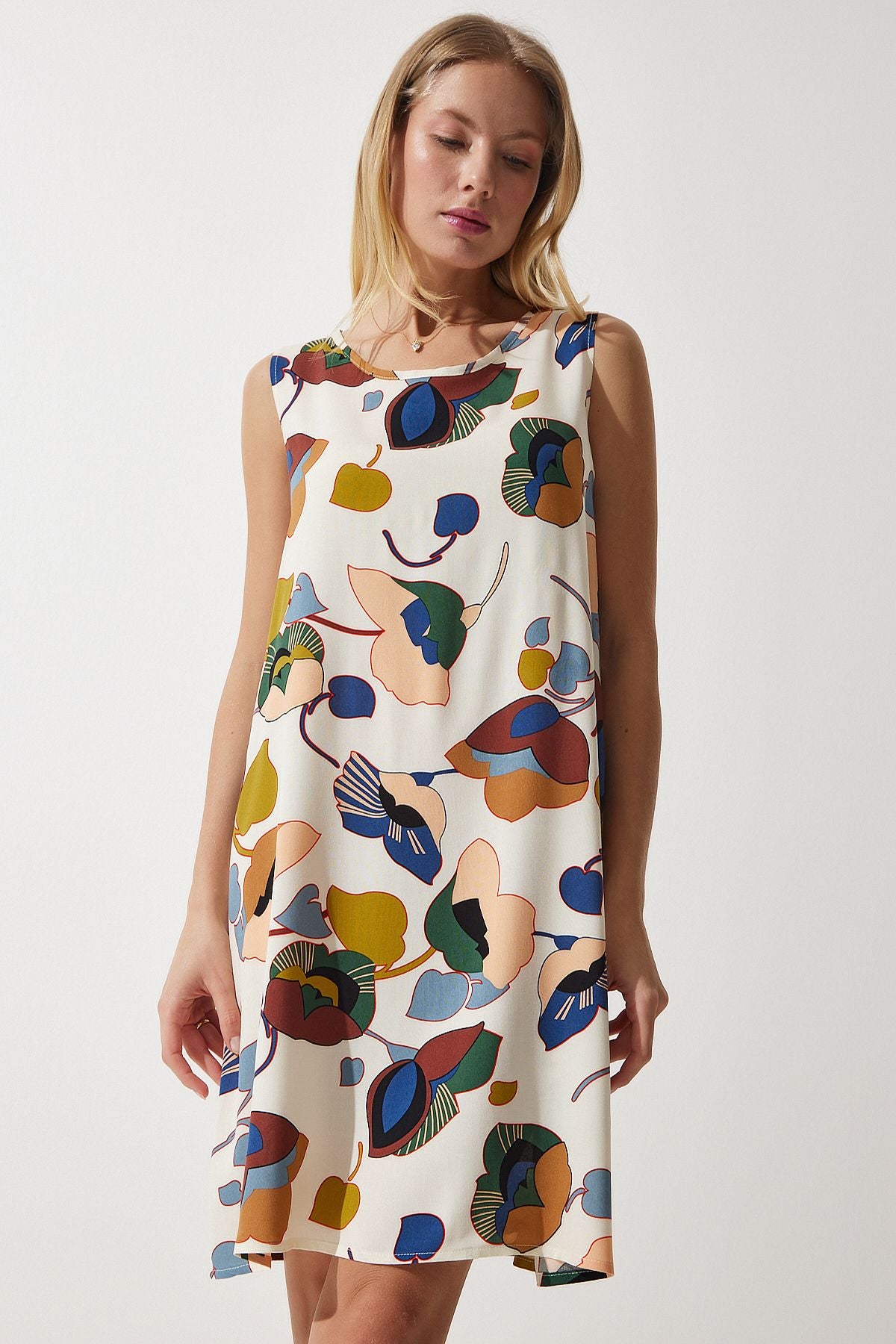 Female cream oil green patterned linen viscose mini dress BH00343