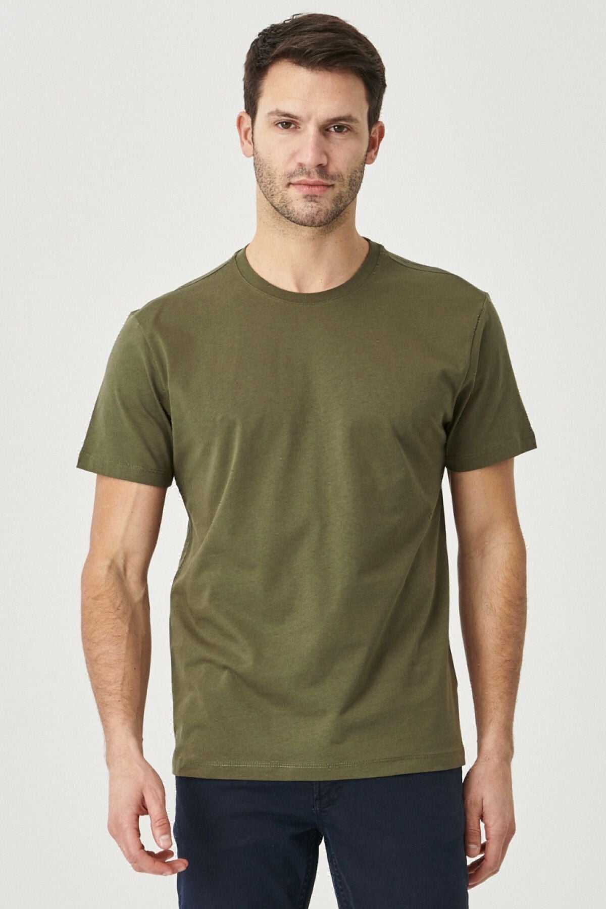 Male Khaki 100 %Cotton Slim Fit Narrow Cut Bike Bike Basic T -shirt