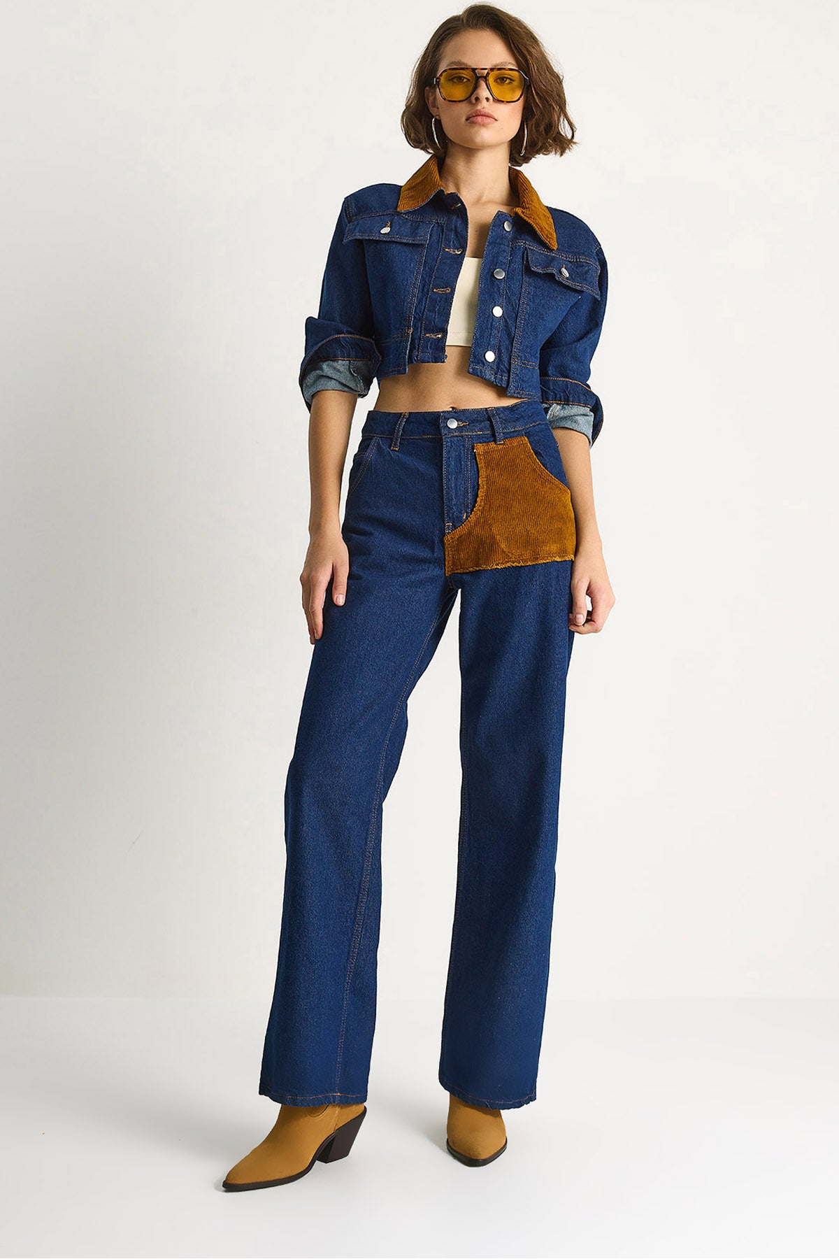 Women's Velvet Collar Jacket Color Block Wide Leg Trousers Denim Suit 6087 60283532