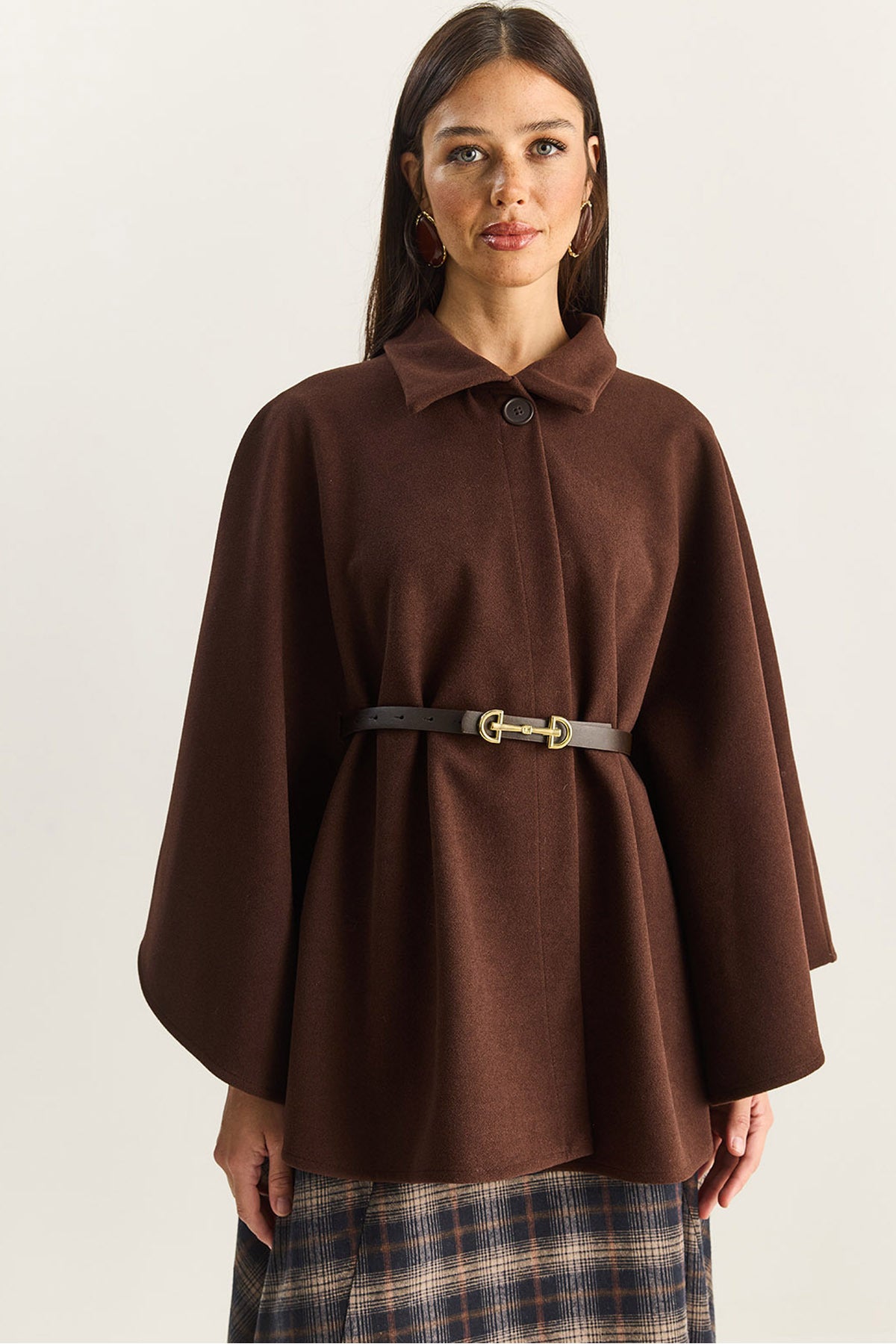 Women's Collared Single Button Detailed Belted Stash Poncho 9170 60283812