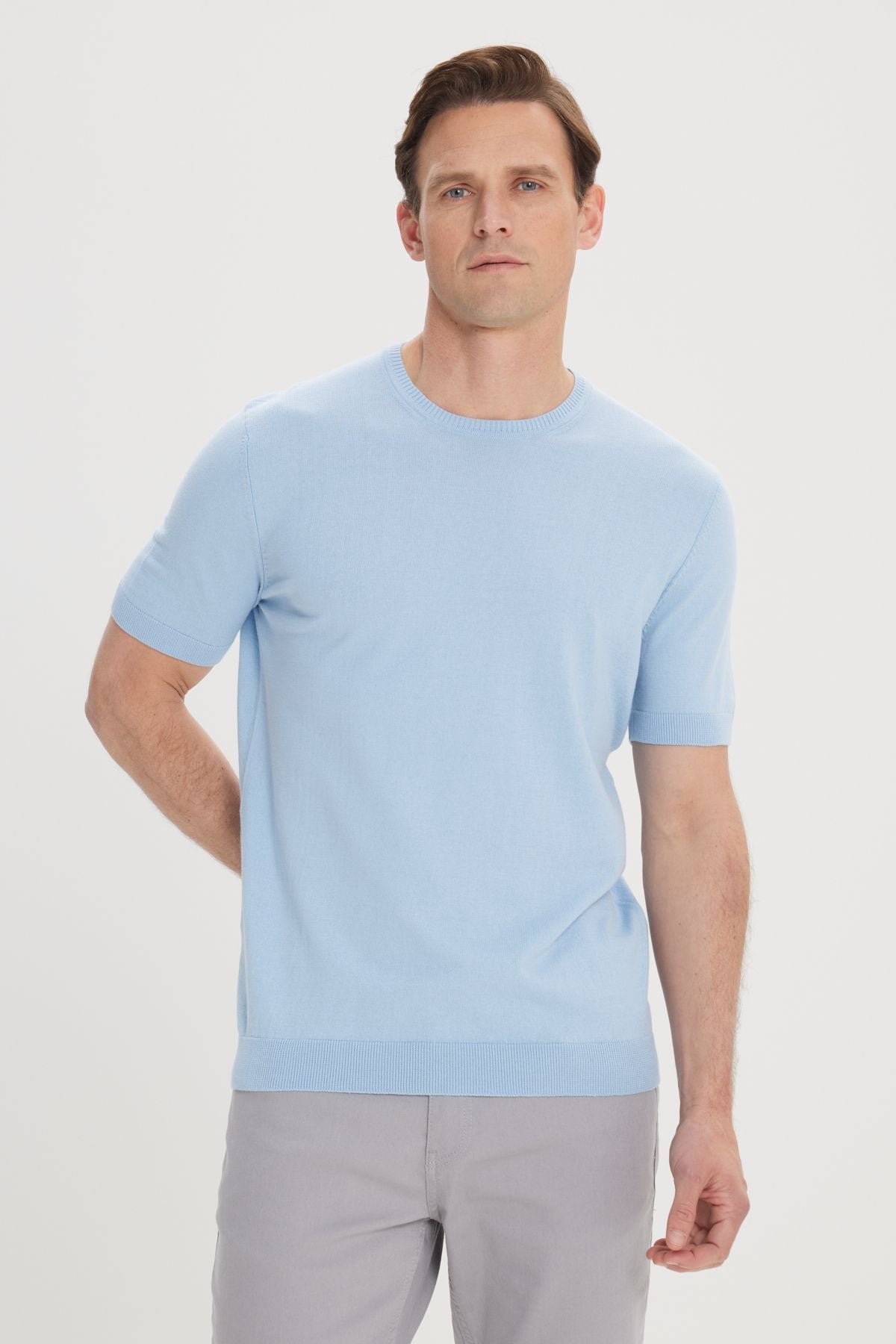 Men's Blue Standard Fit Normal Cut 100 %Cotton Bicycle Yaka Triko T -shirt