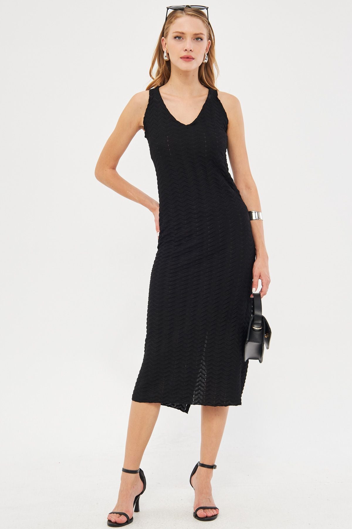 Female Black V-Neck Sitting Behind Behind Slitting Patterned Midi Boy Dress ARM-24Y001102