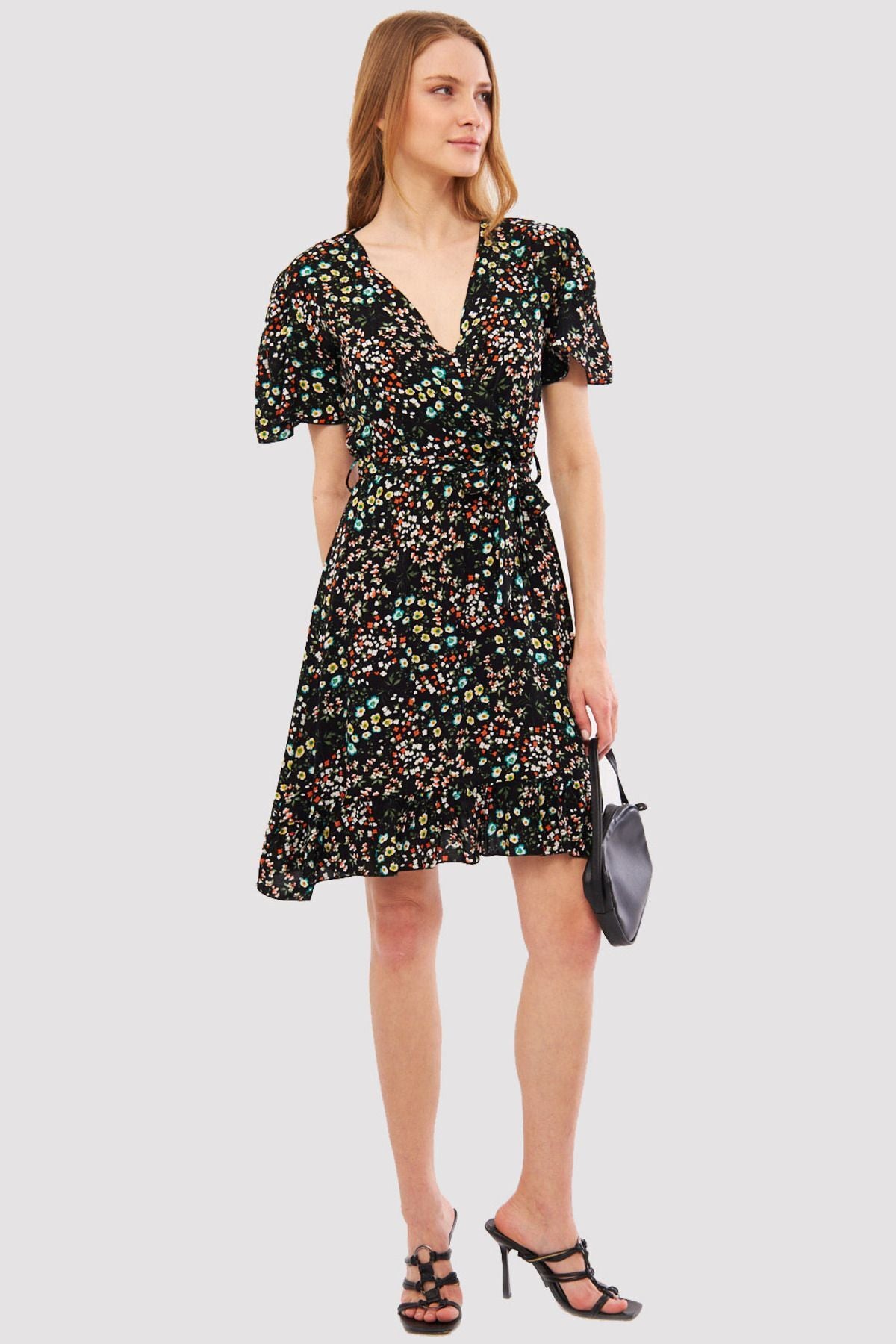 Female Black Tessera Dress Cruve Collar Skirt Ruffed Patterned Mini Size ARM-24Y001024