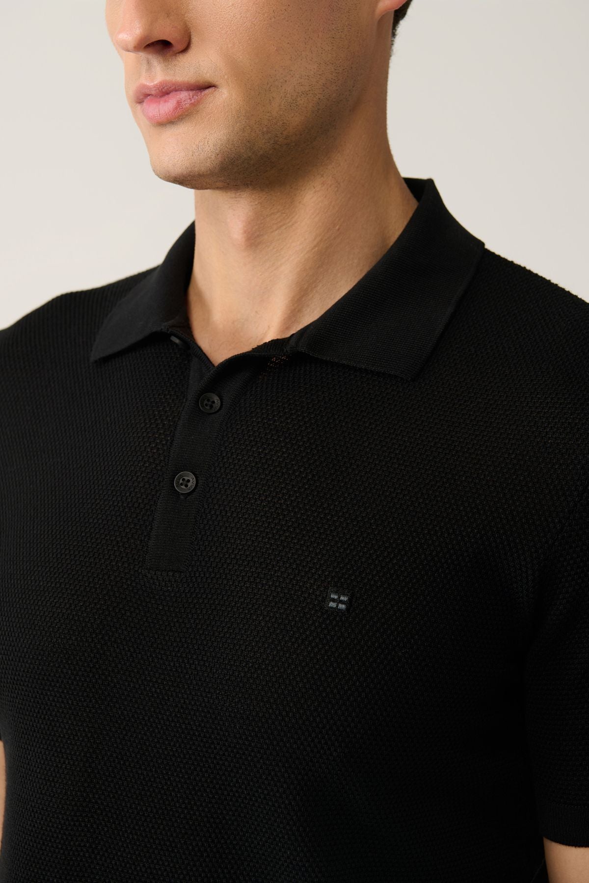 Men's black 3 button textured riban Polo Yaka Triko T-Shirt B005009