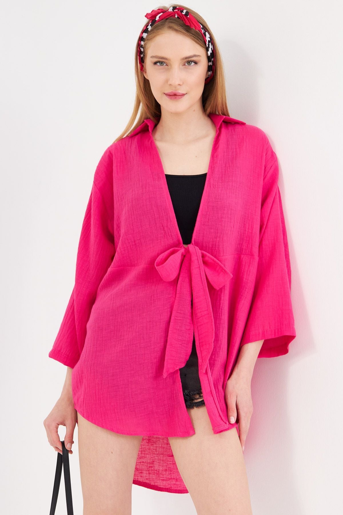 Fuchsia Fuchsia linen-looking front-binding kimono shirt ARM-24Y001063