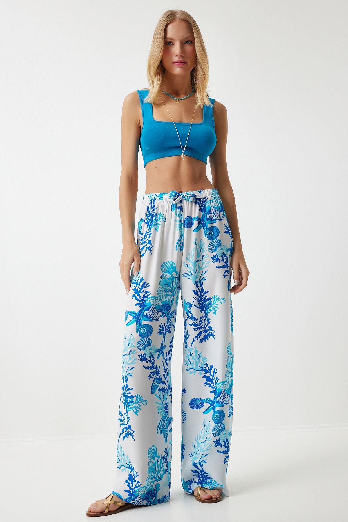 Woman Sky Blue and White Patterned Viscose Palazzo Pants EN00606