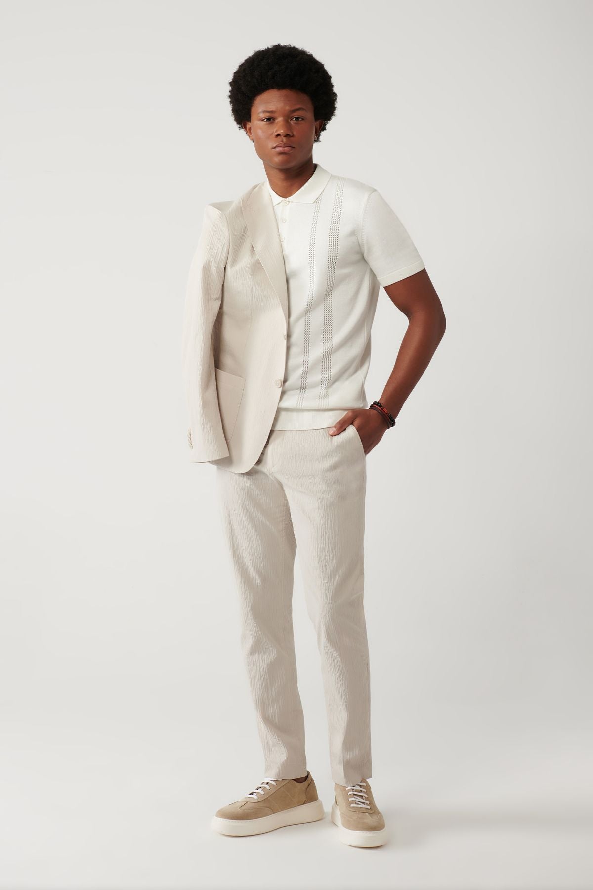 Men's Beige Side Pocket Flexible Fabric Wedding Cotton Lightweight Pants A41y3202
