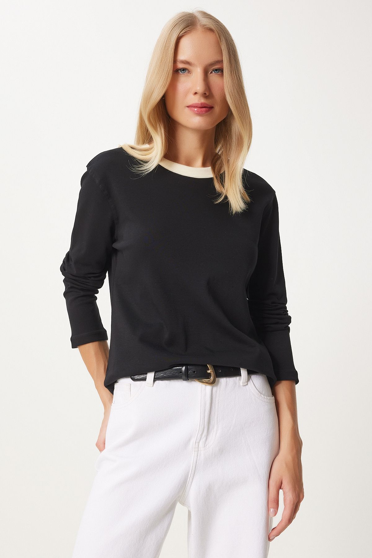Female black contrast color collar cotton knitted basic blouse NJ00157
