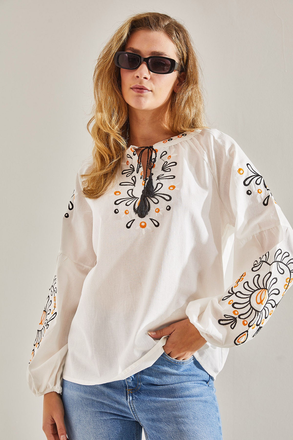 Modest Women's Embroidered Collar Tied Linen Blouse 60181044