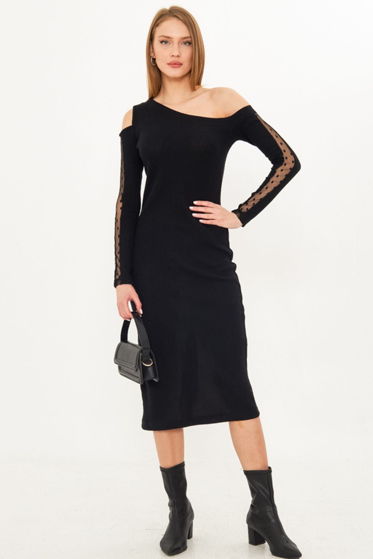 Female black asymmetrical collar arm tulle slits with midi size dress ARM-25K001081