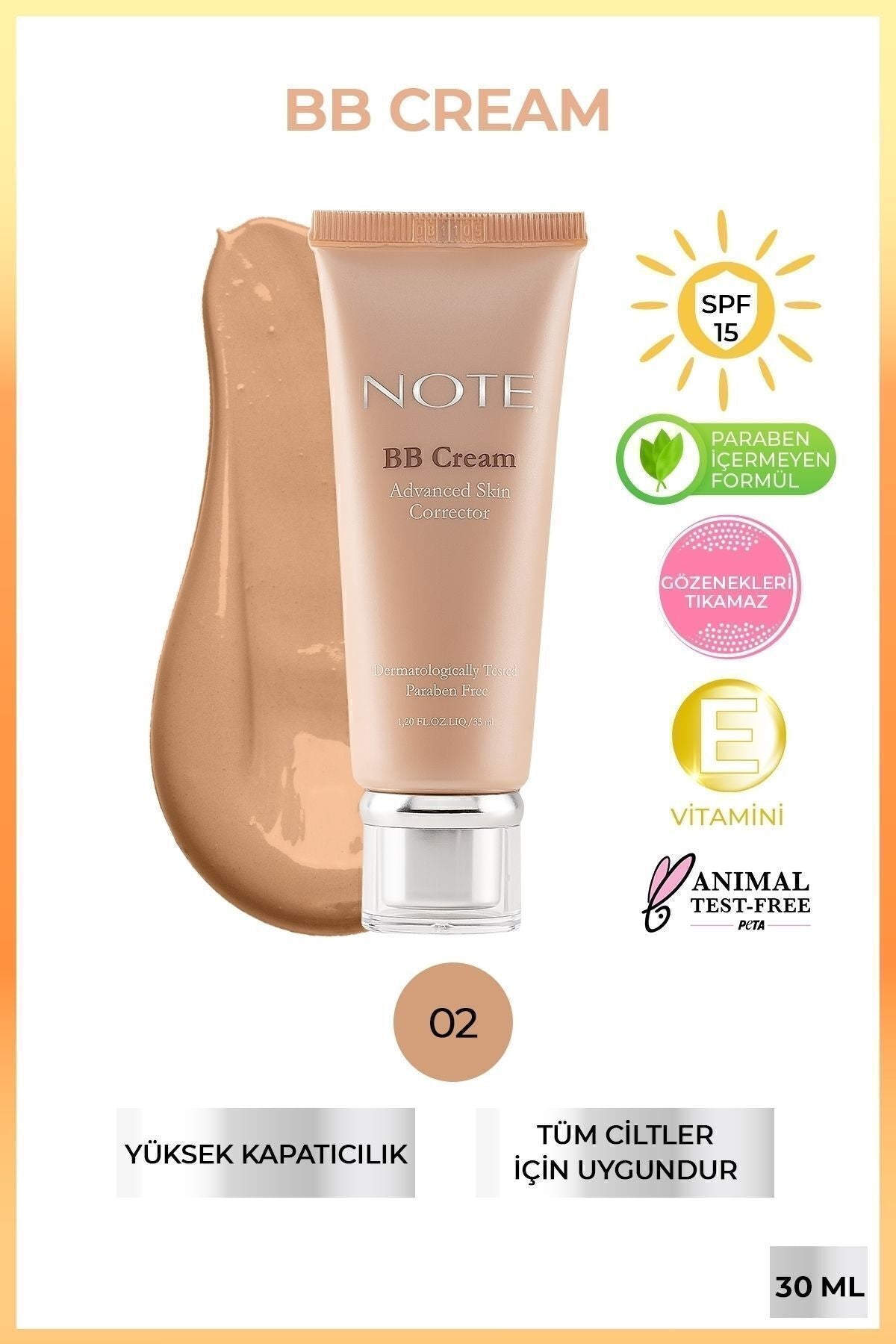 BB Cream SPF 15 Moisturizer Effective Intensive Concealer BB Cream - 02 Orta Dark