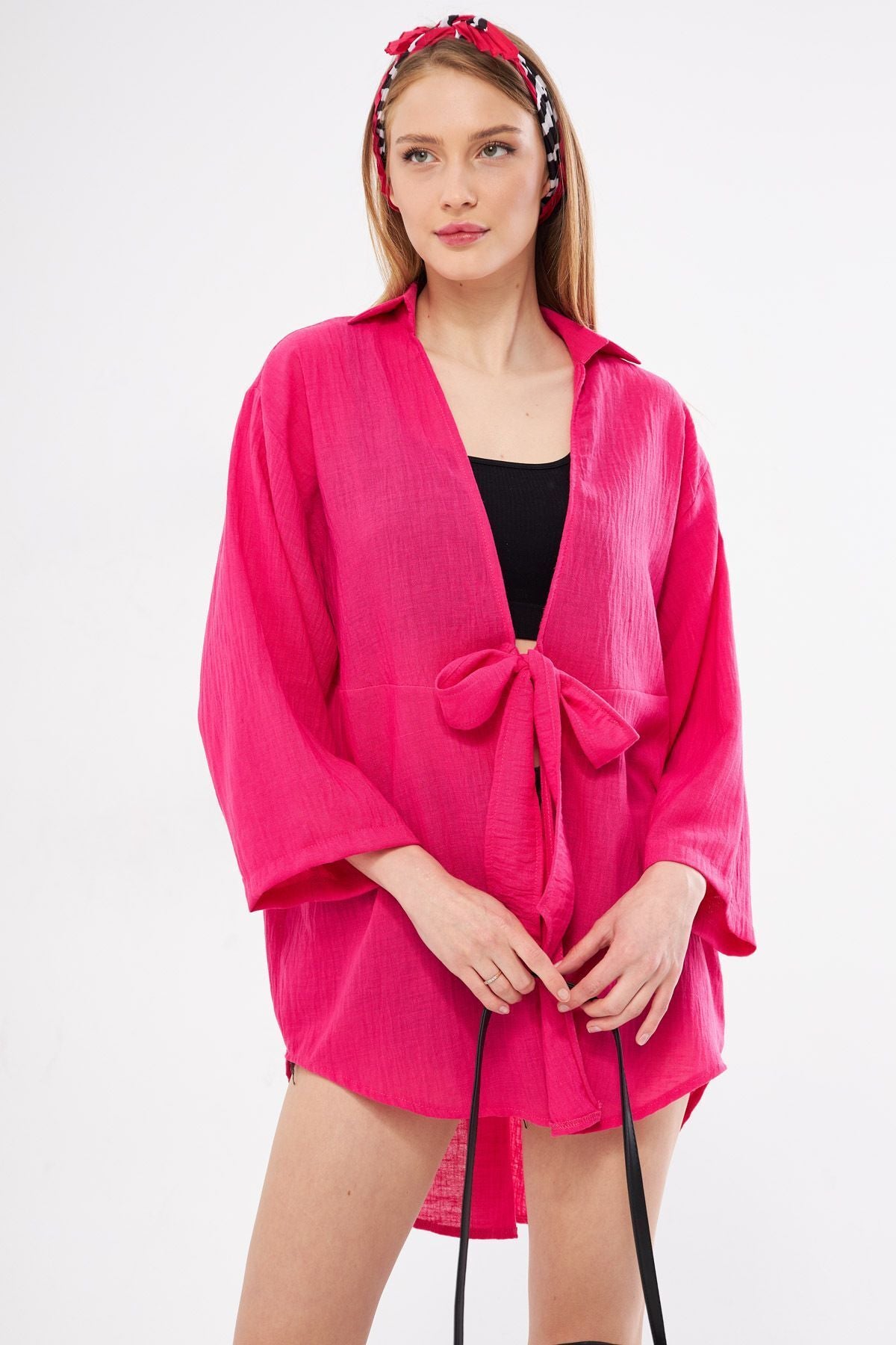 Fuchsia Fuchsia linen-looking front-binding kimono shirt ARM-24Y001063