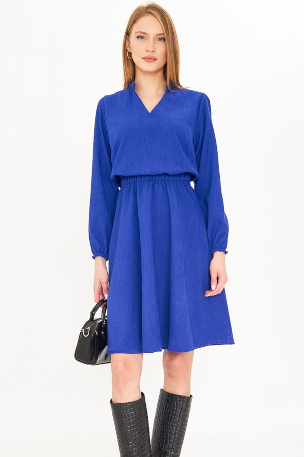 Female Saks Velvet V-neck Waist Thin Wick Fine Clash Dress ARM-25K001049