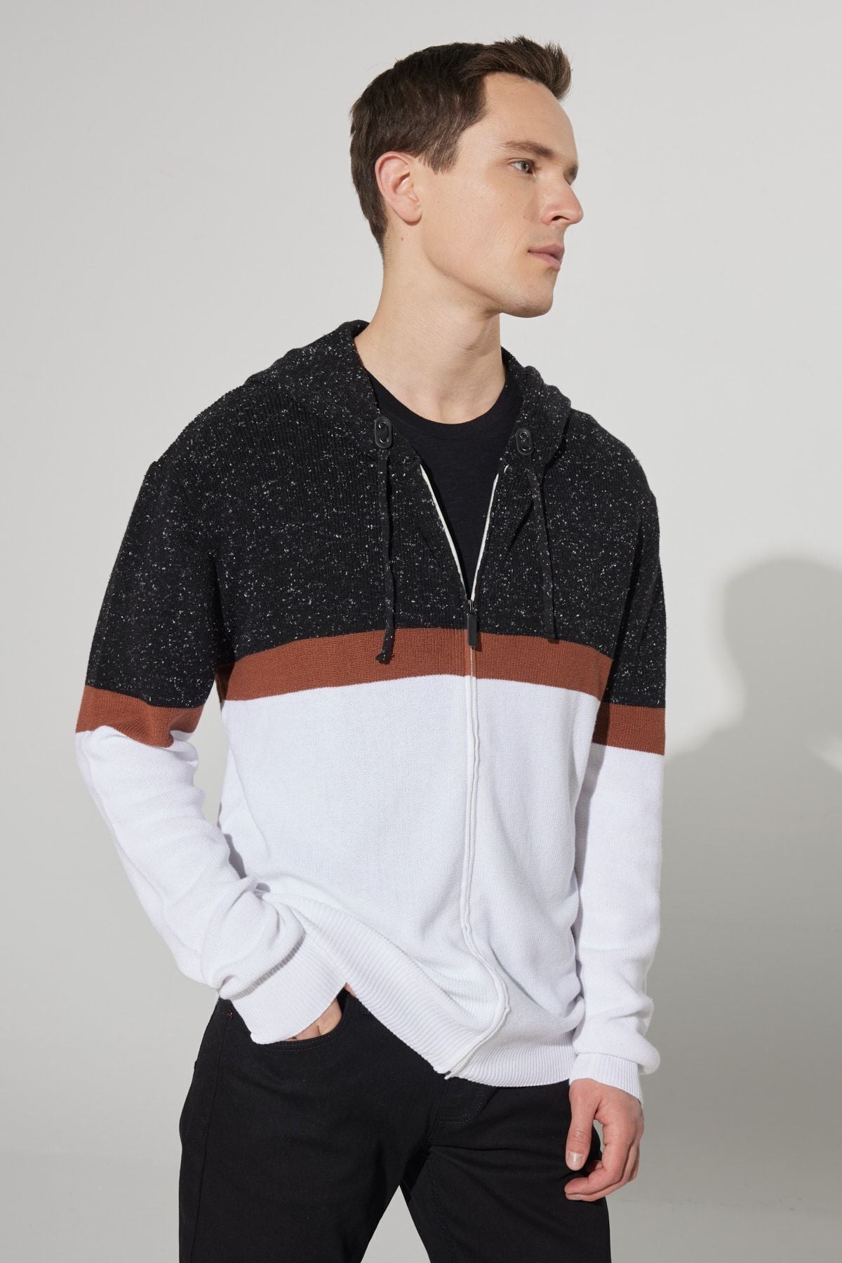Men's anthracite-Ekru standard fit normal cutting hooded 100 %cotton knitwear cardigan