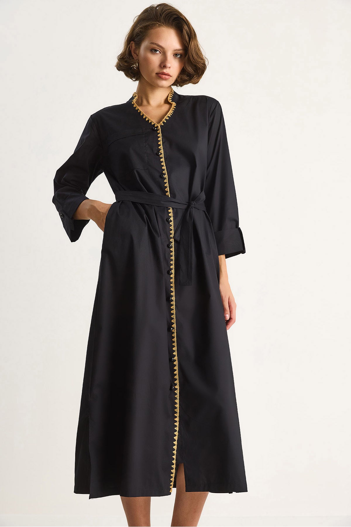 Women's Collar Collar Long Dress with Pocket Detail 60284070