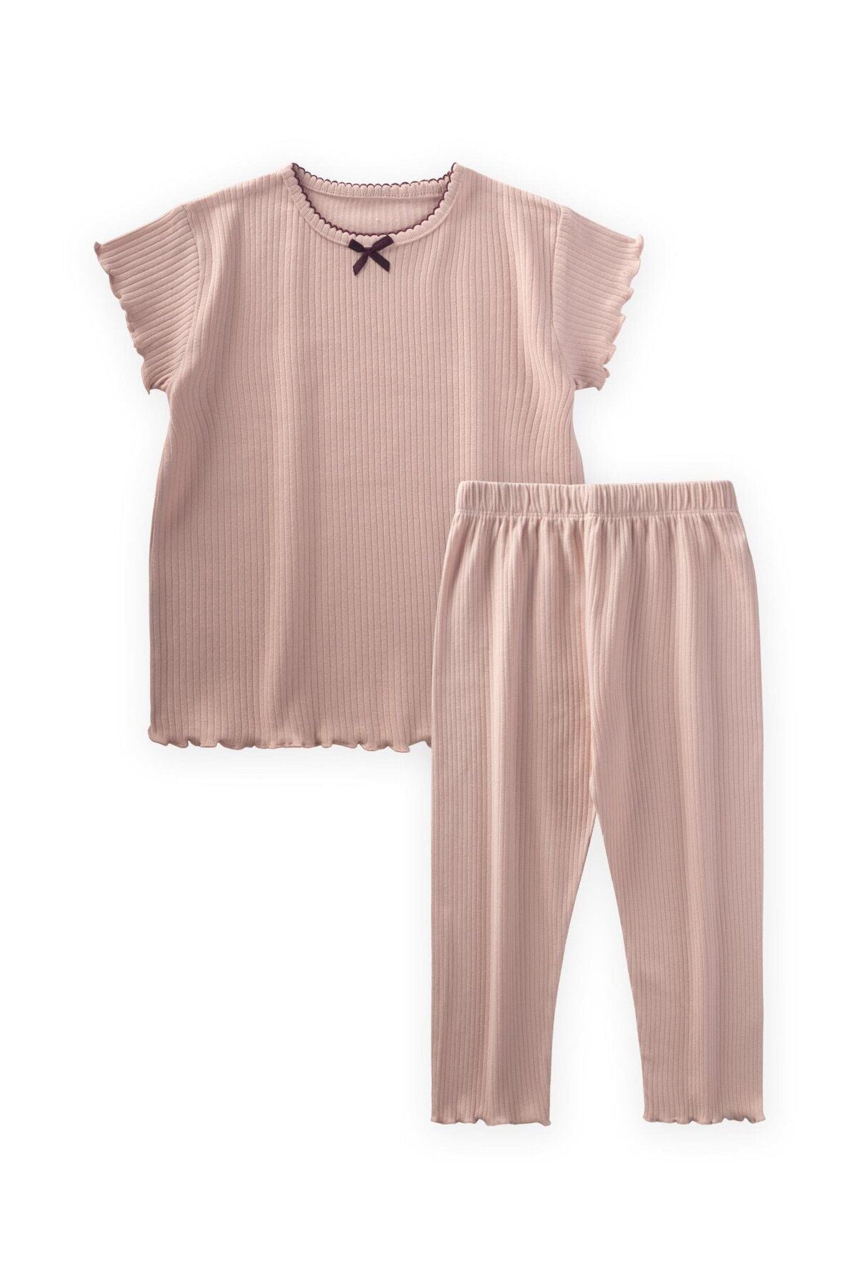 Bow Bow Side Embroidered Pajamas Set 2-10 Age Powder Pink Pink