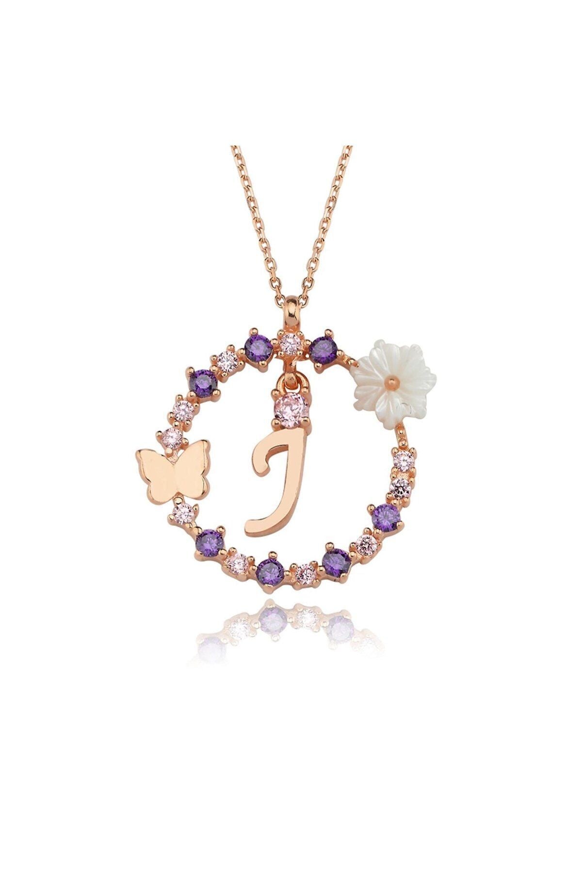Magnolia Flower Dreams Glitter 14k Rose Gold J Letter Jeans Necklace