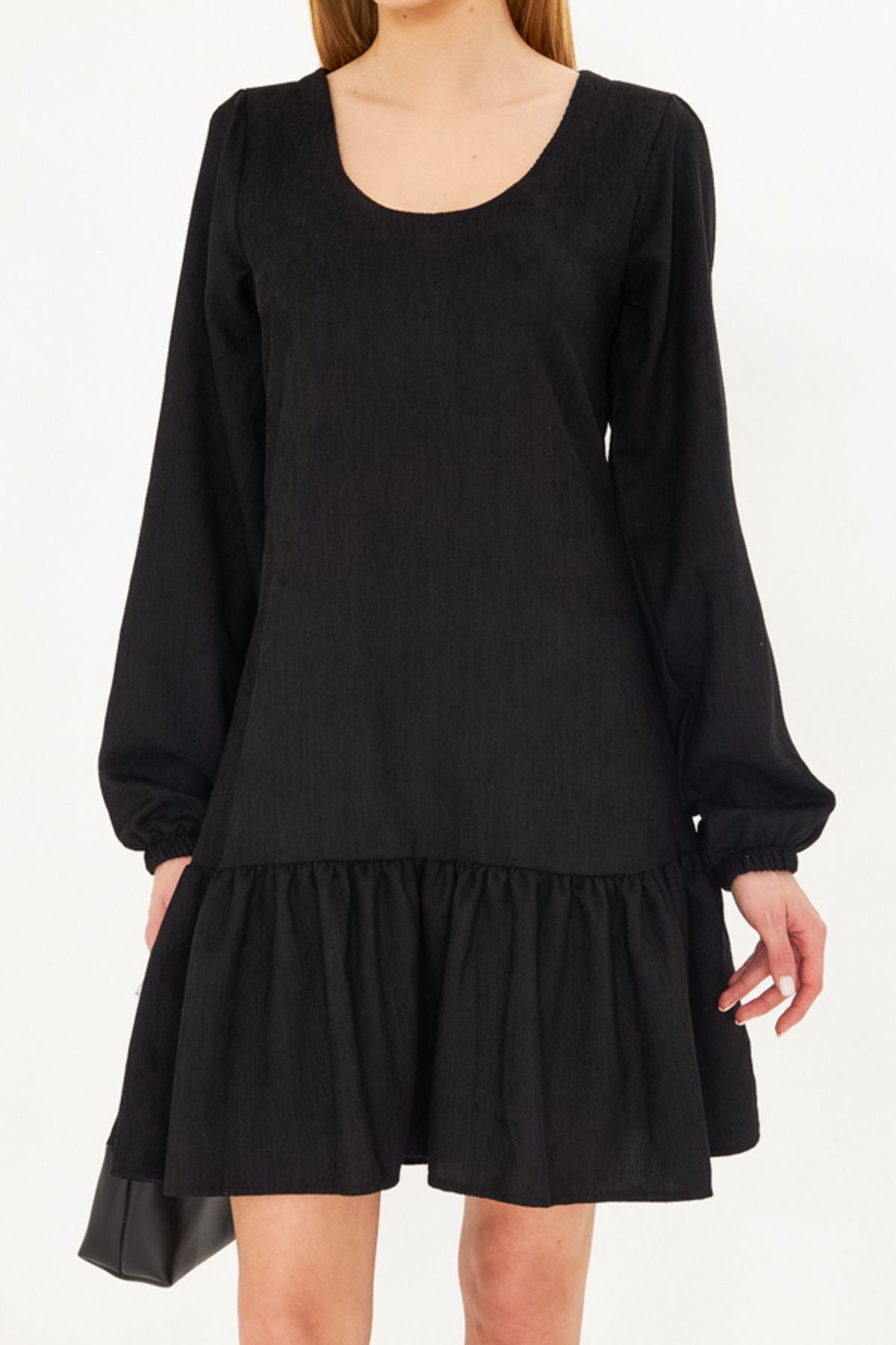 Female Black U-Neck Skirt Frobe Sleeves with Rubber Velvet Short Dress ARM-25K001086
