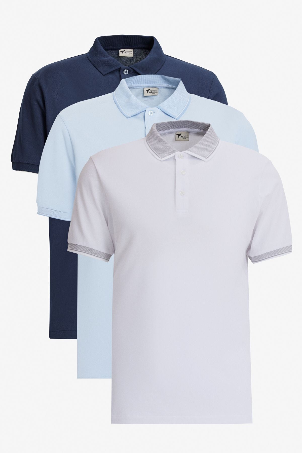 Men's white-lacivert-open blue 3-point-free cotton slim fit curved polo collar t-shirt